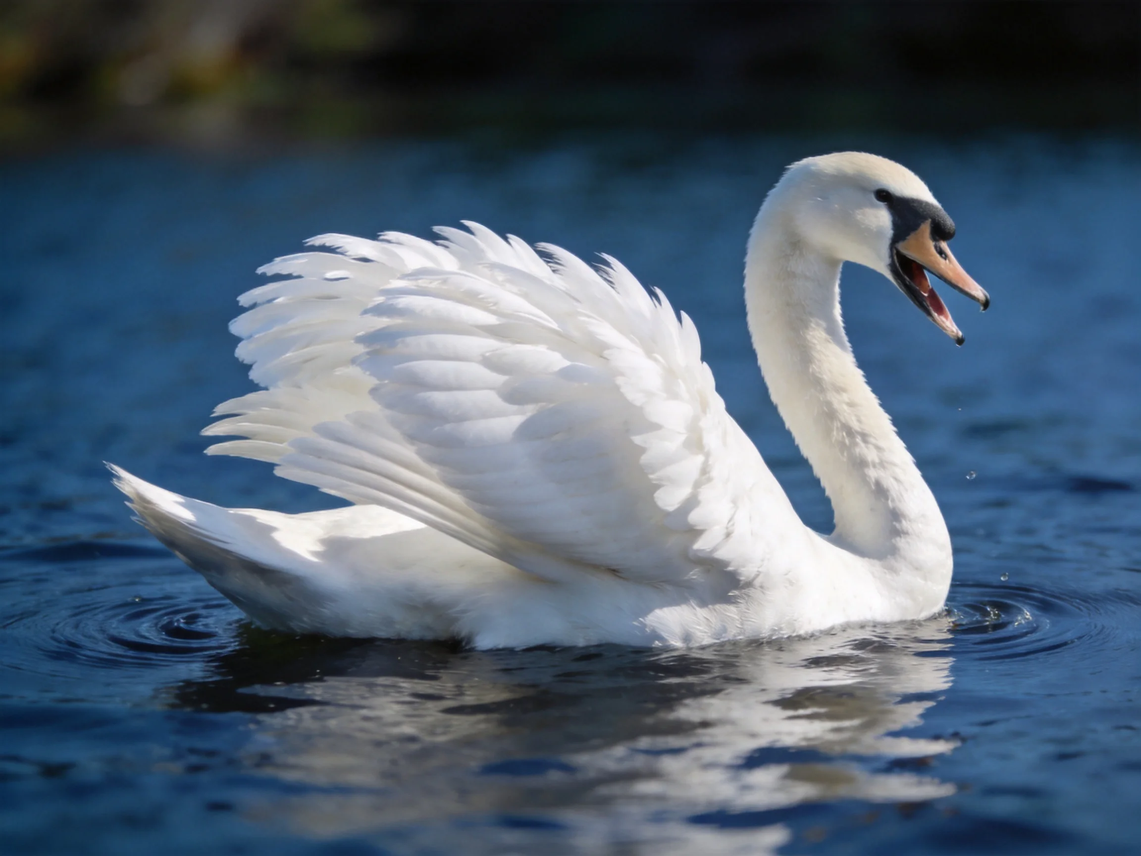 A graceful white swan swimming in deep blue water