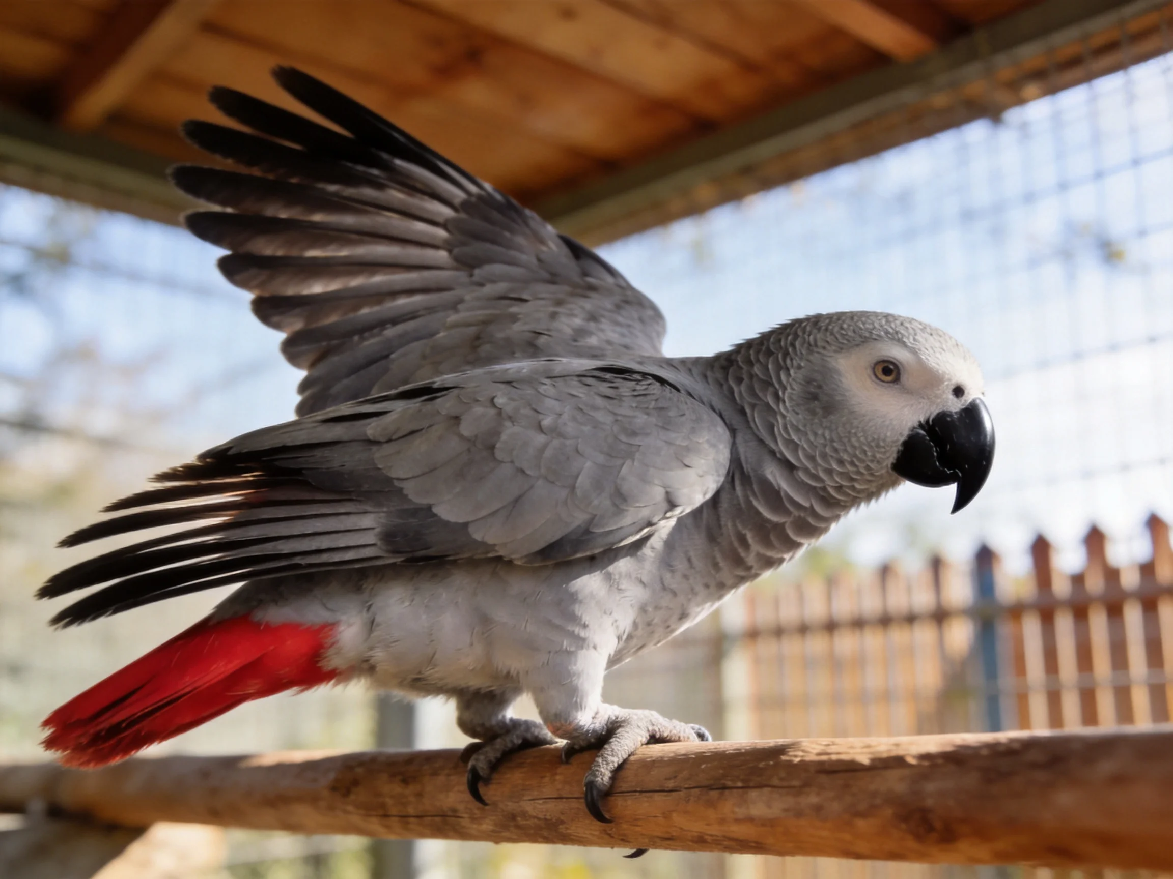 A gray African Grey parrot with red tail spreads wings on wooden perch