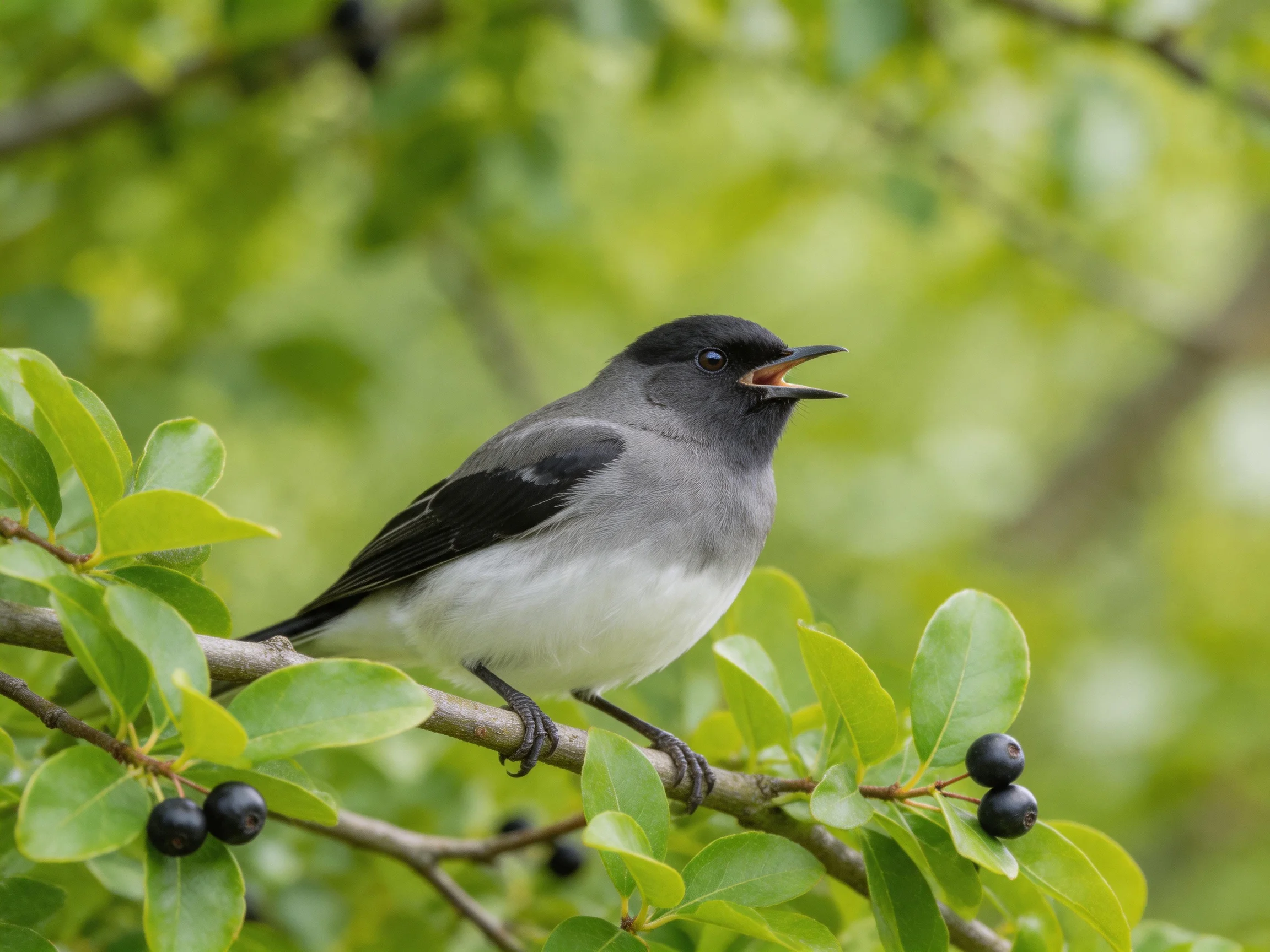 A gray and black bird perched on a leafy branch with dark berries