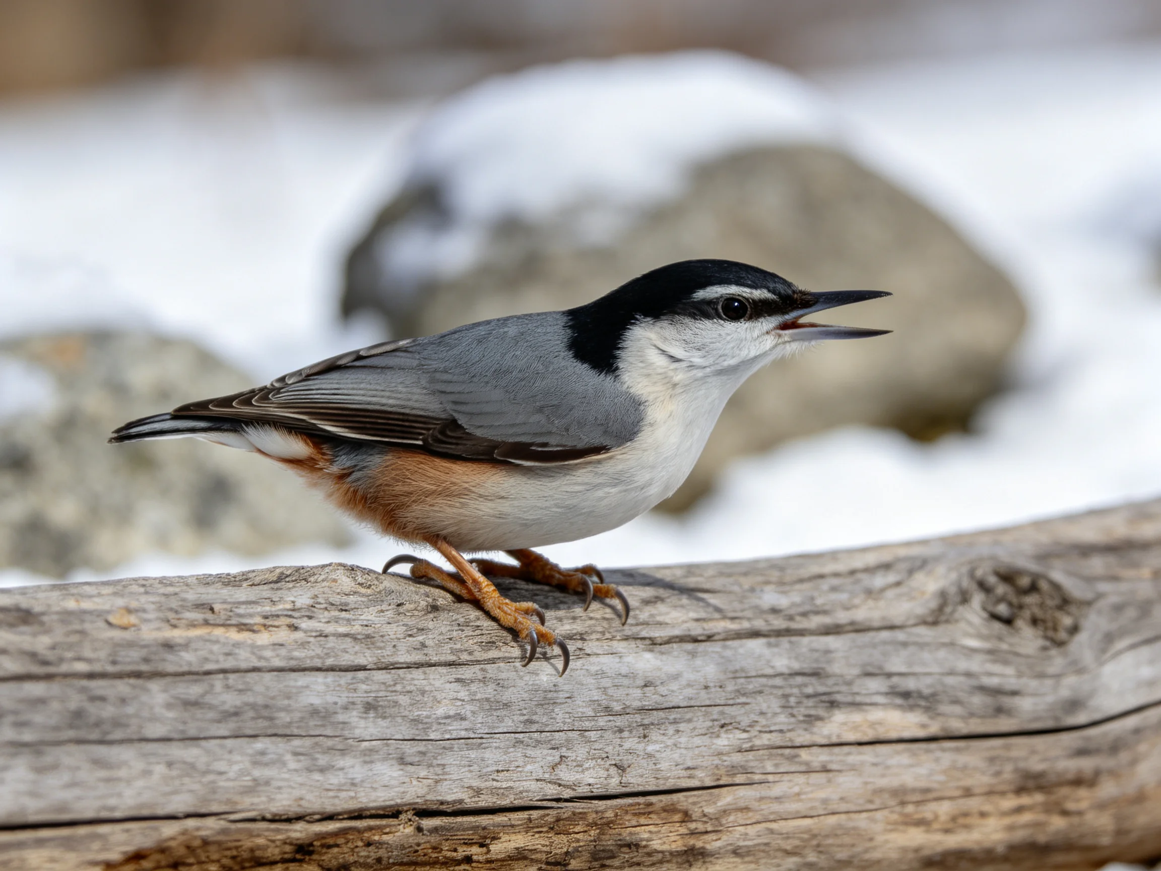 A gray and black bird perched on a weathered log with snowy rocks