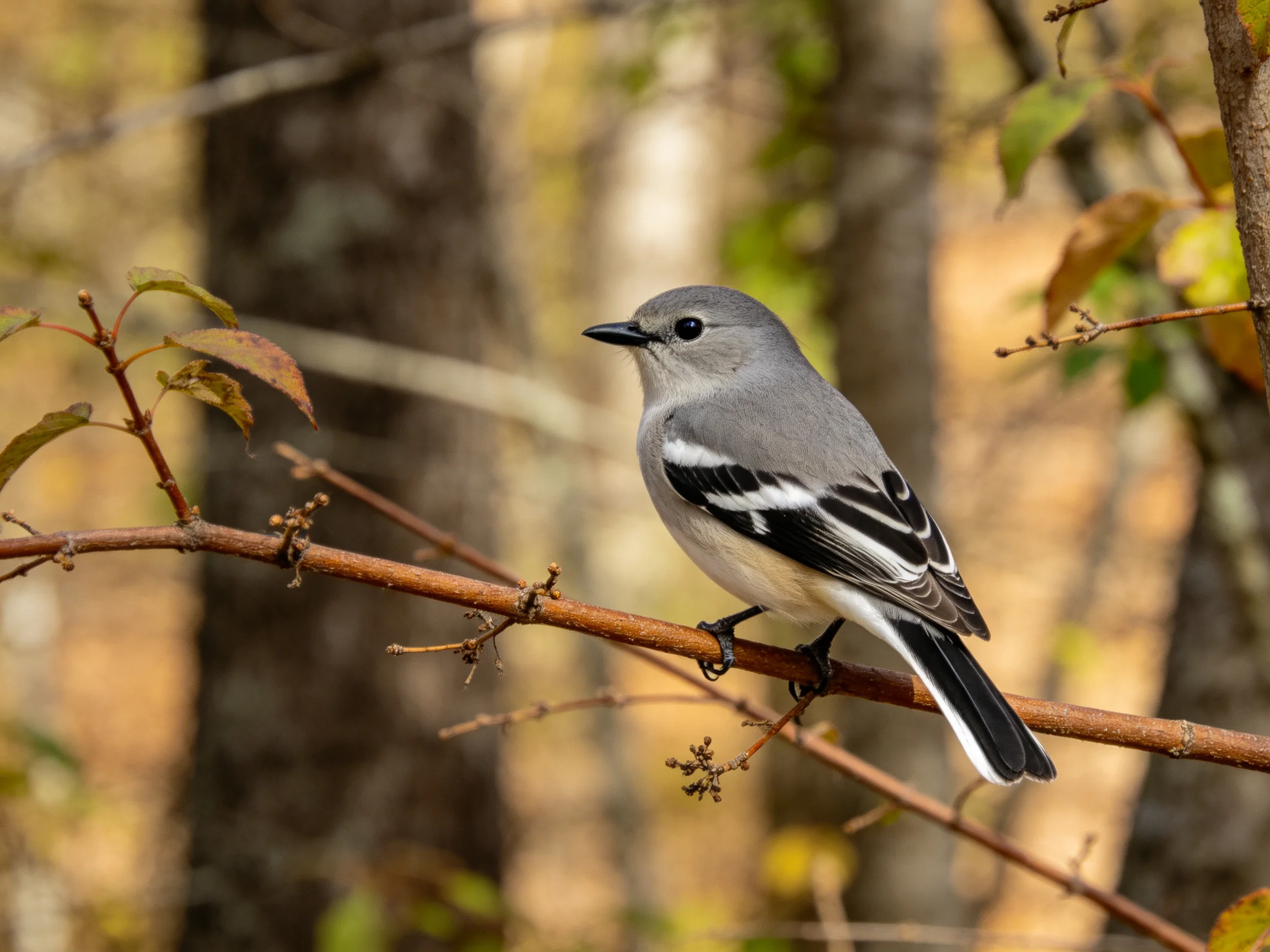 A gray and black bird perches on a brown branch in an autumn forest