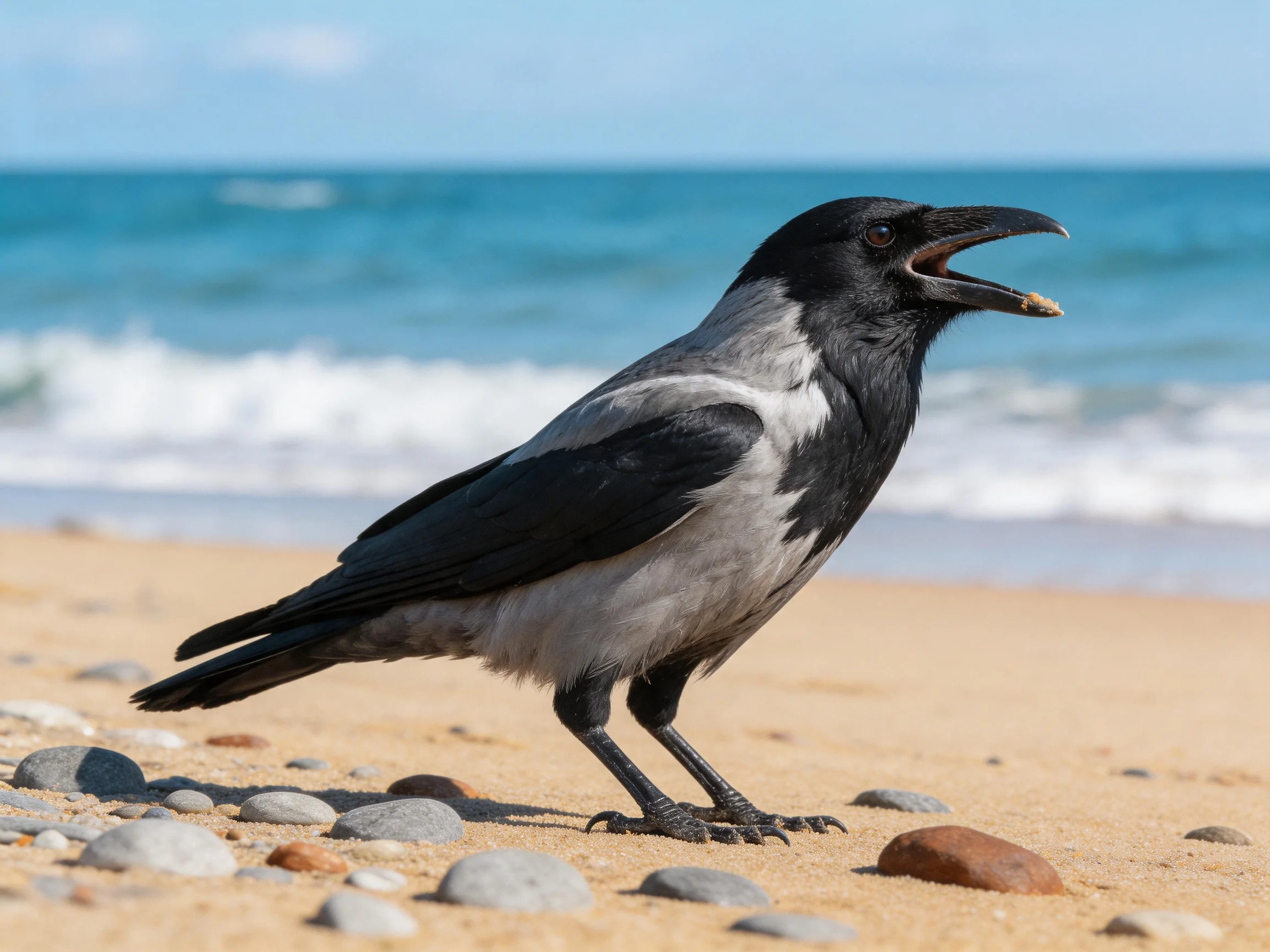 A gray and black crow stands on a sandy beach near the ocean
