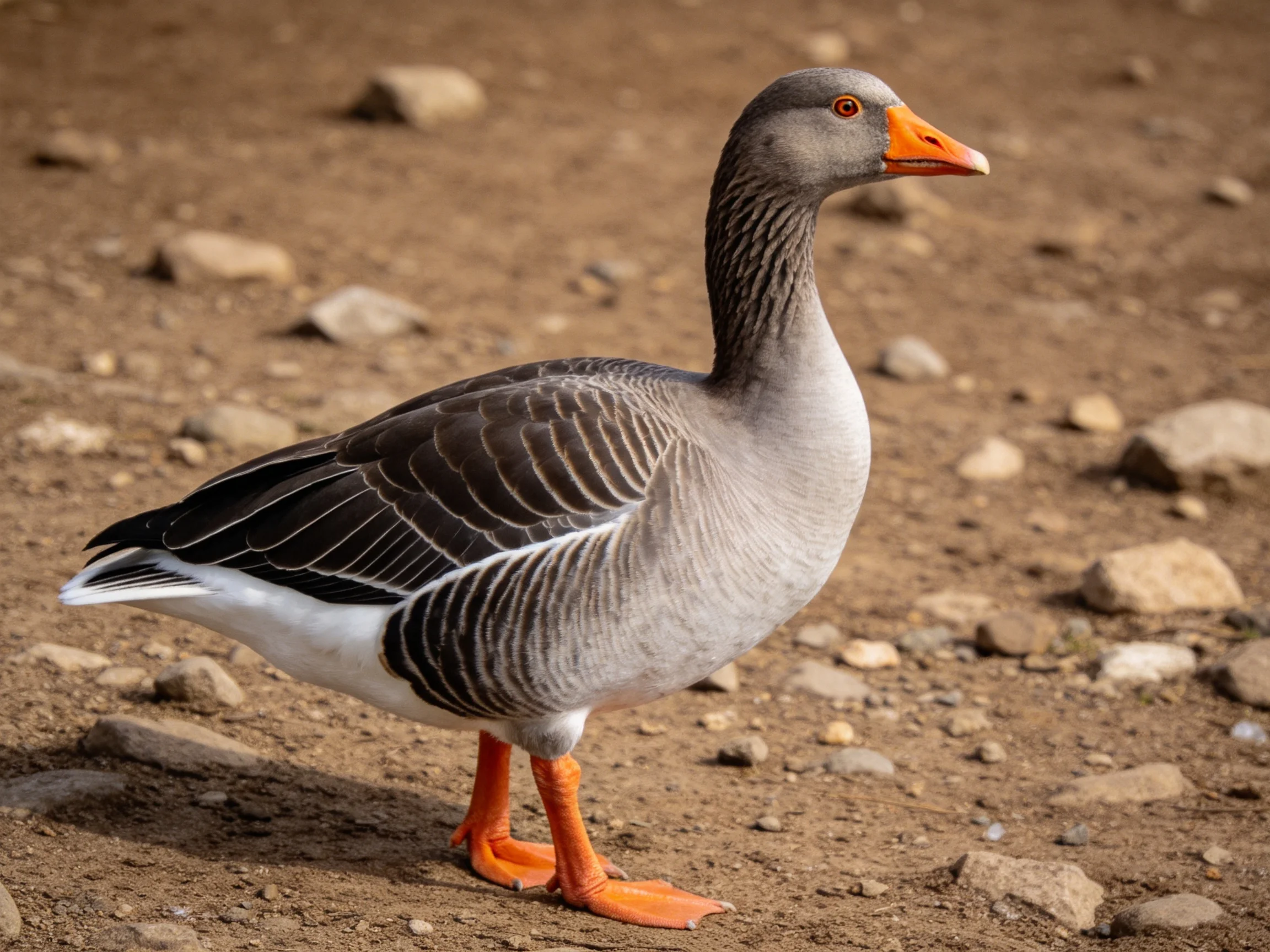 A gray and black goose with an orange beak on rocky ground