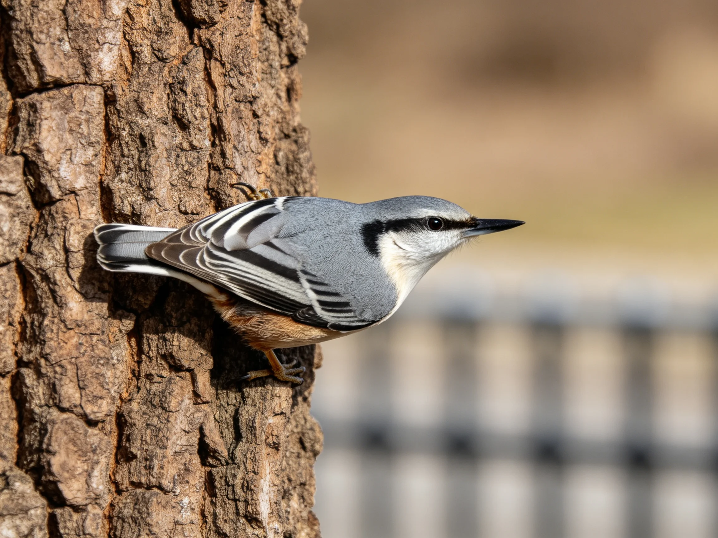 A gray and black nuthatch clings to a textured tree trunk