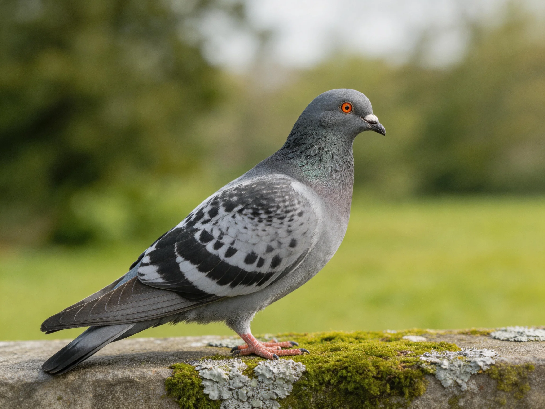 A gray and black patterned pigeon perched on mossy stone