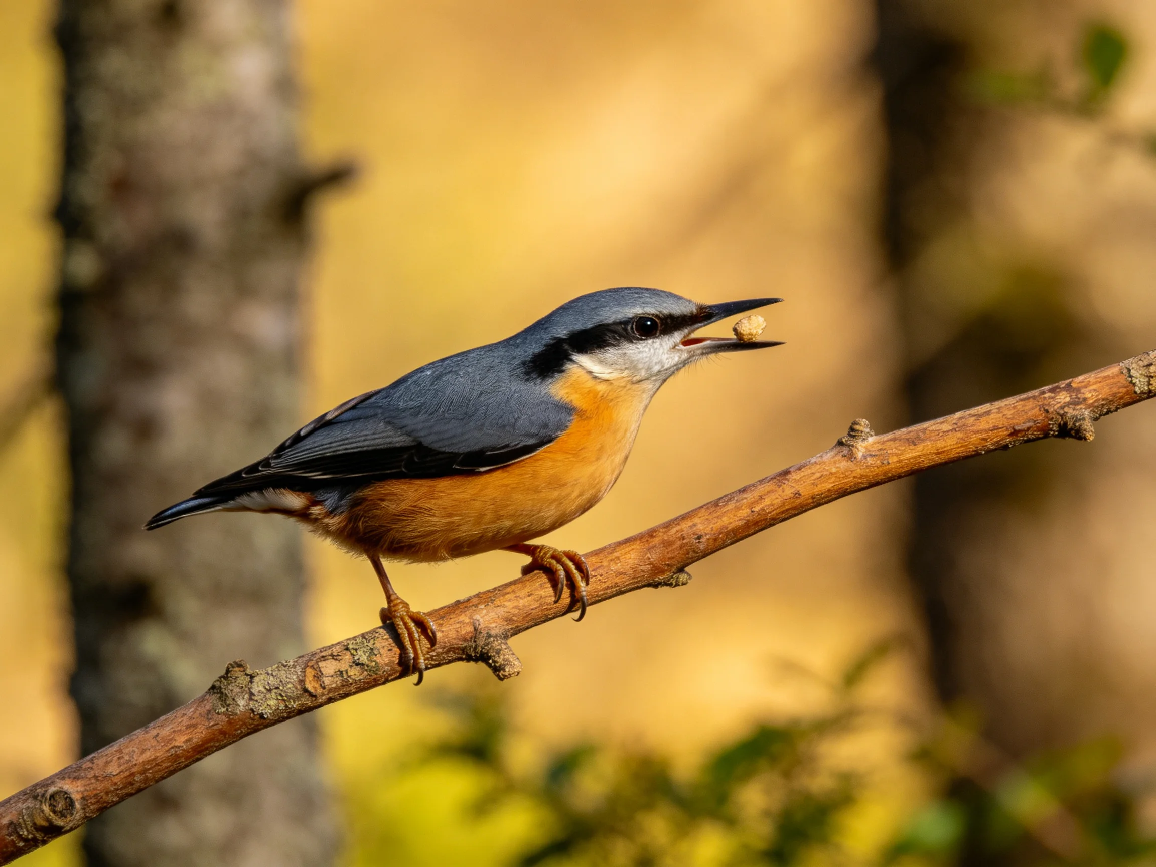 A gray-and-orange bird perched on a brown branch with prey