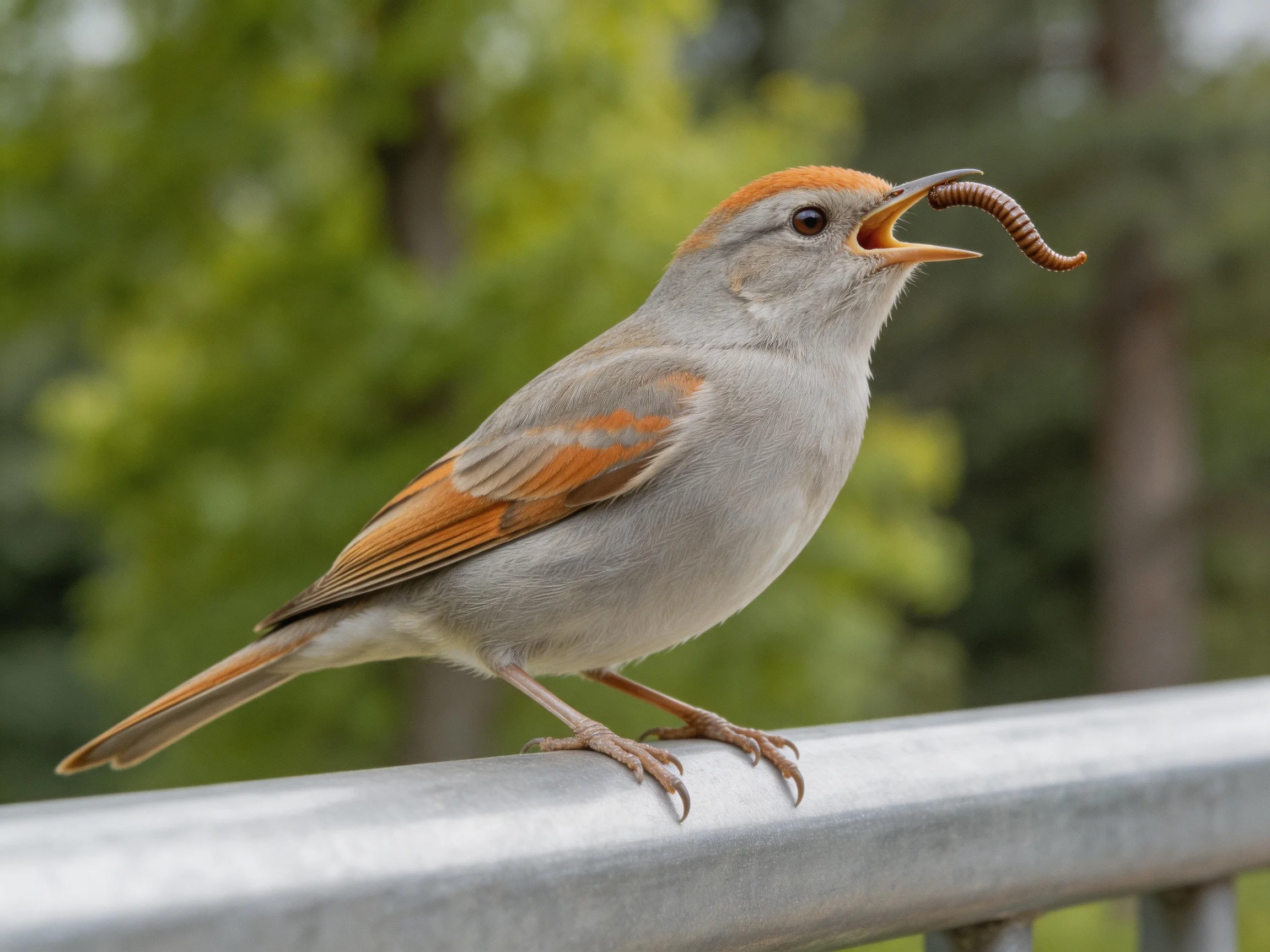 A gray and rust-hued bird carrying a brown worm on a metal railing