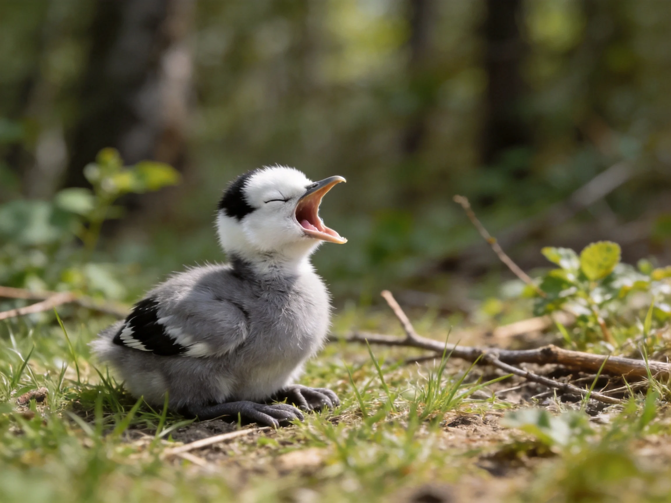 A gray and white baby bird yawning on grassy ground