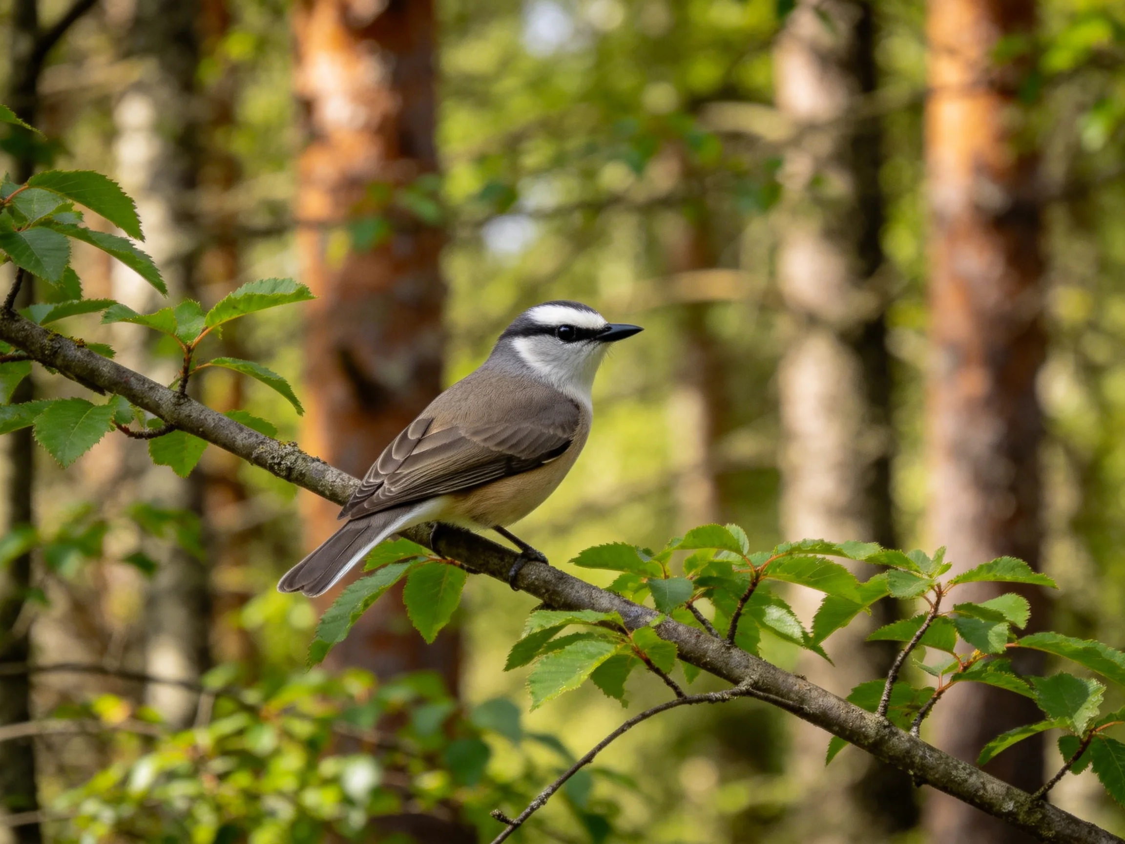 A small gray and white bird rests on a branch in a sunlit forest.