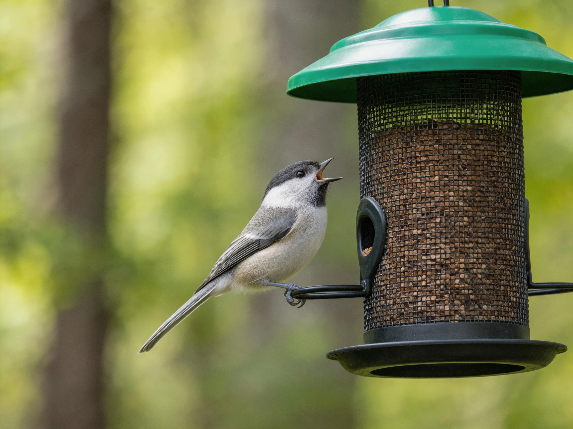 A gray and white bird perches on a green-topped bird feeder