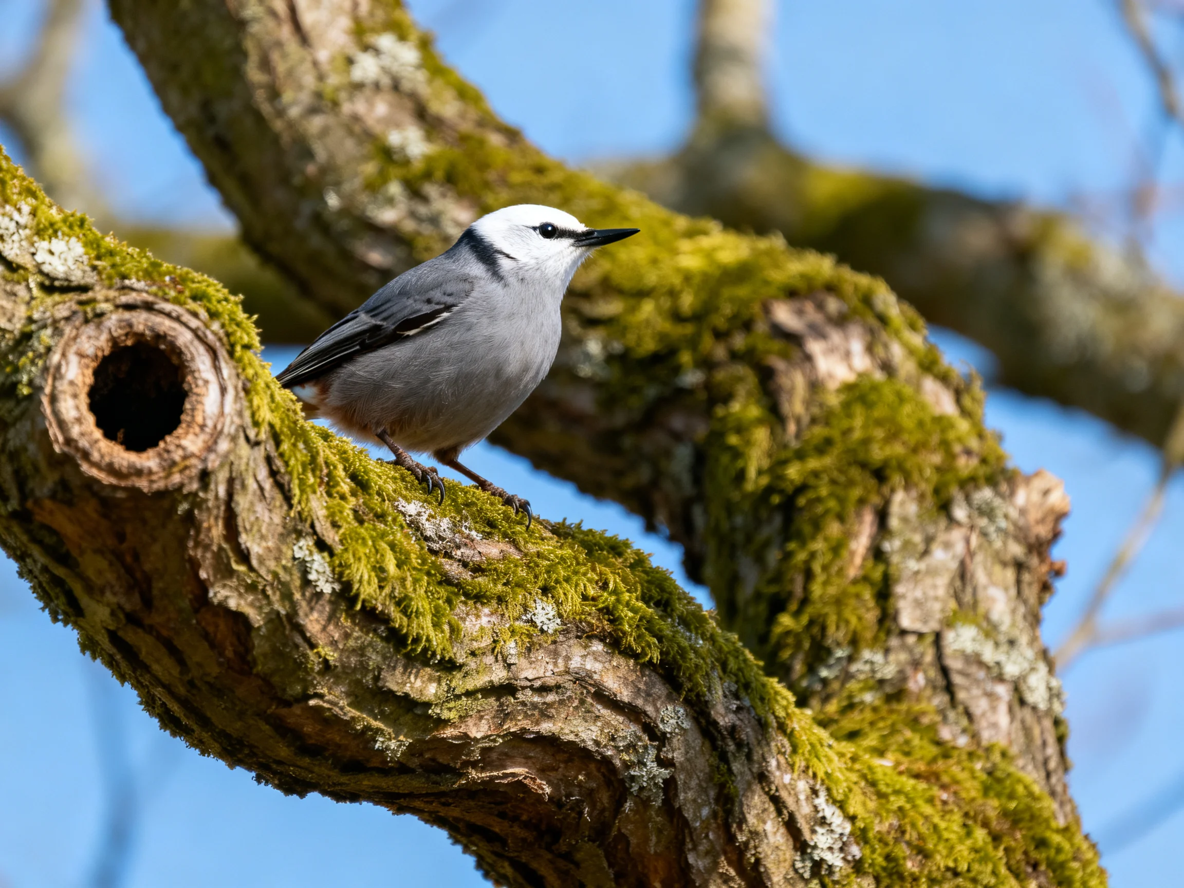 A gray and white bird perches on a moss-covered tree branch