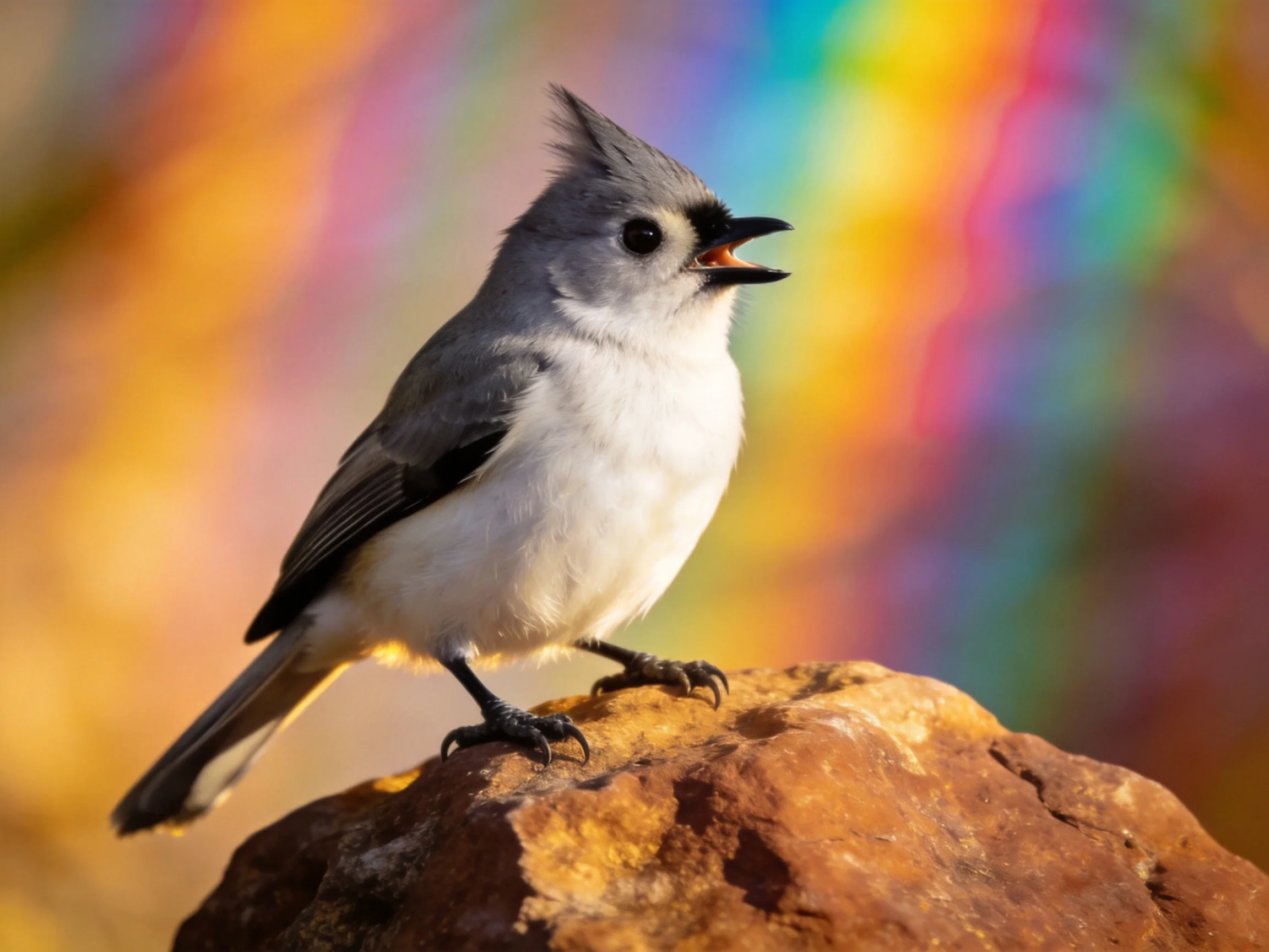A gray and white bird sits on a reddish rock with a colorful blurred background.
