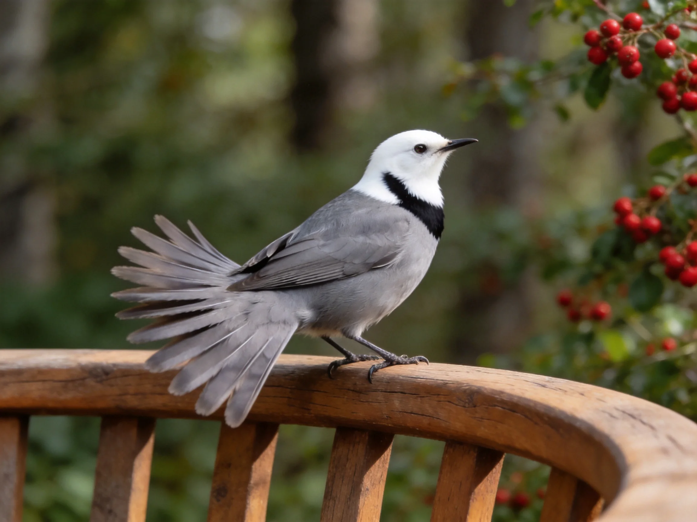 A gray and white bird rests on a wooden railing near red berries