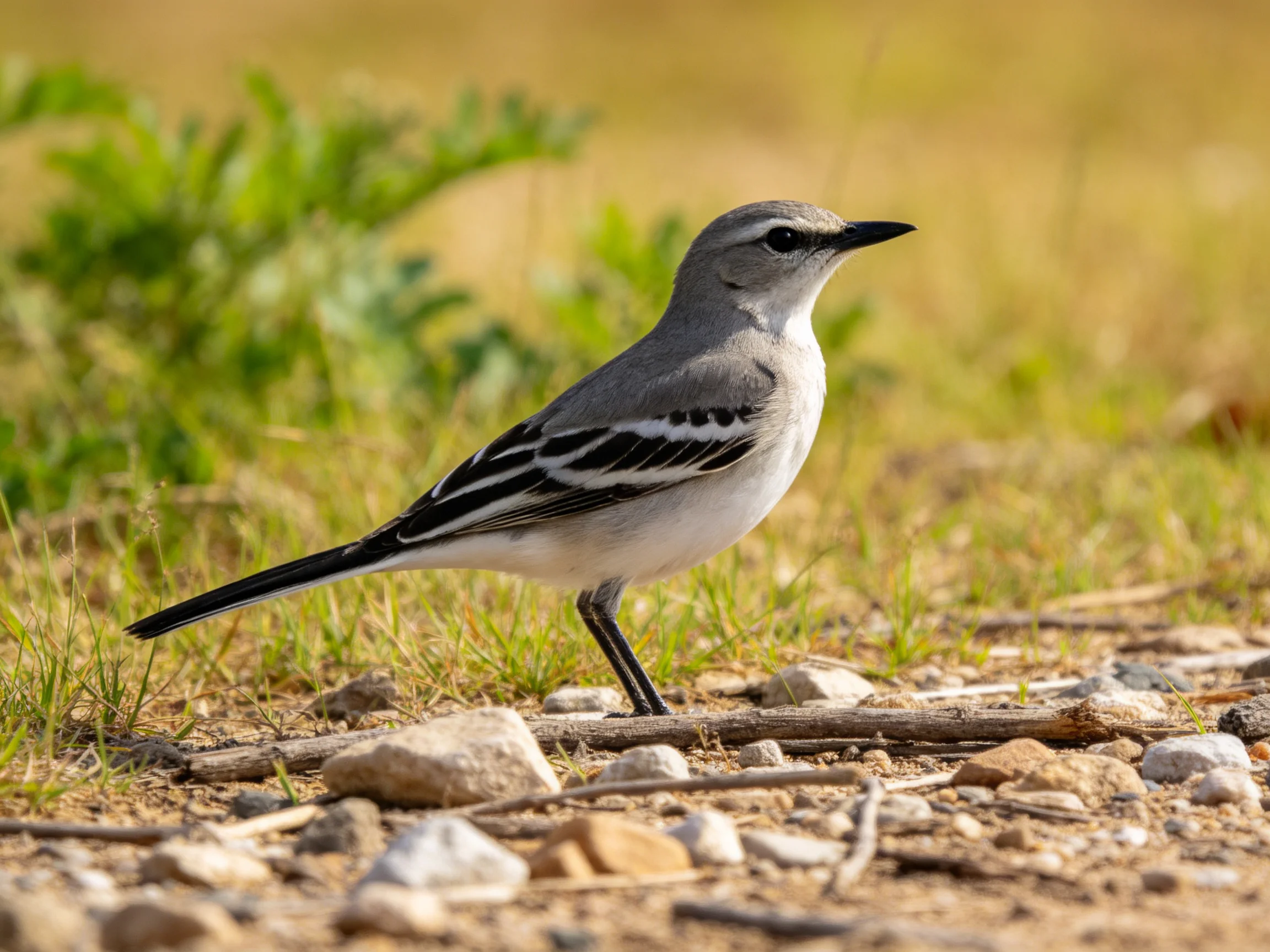 A gray and white bird stands on rocky ground near greenery.