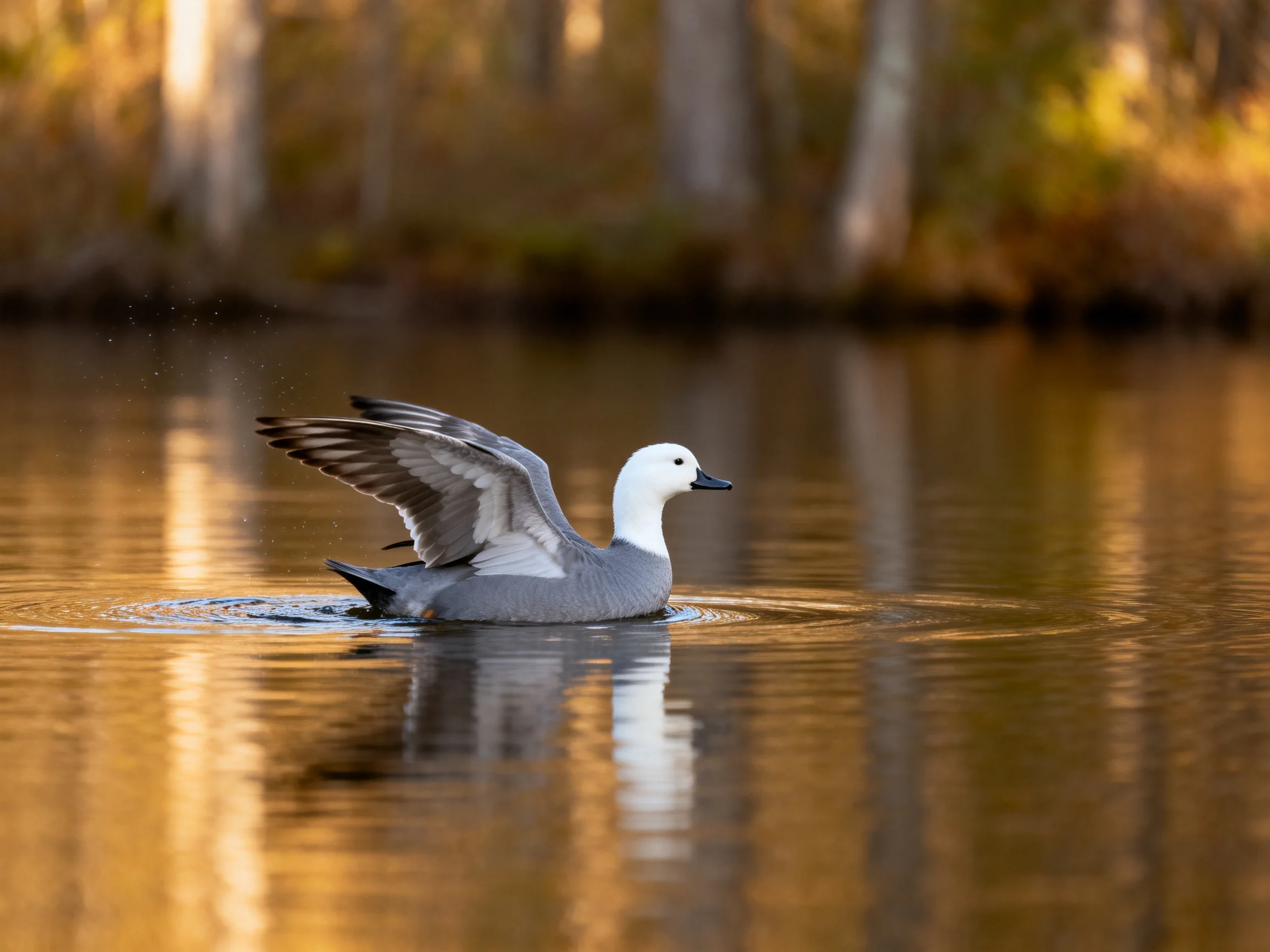 A gray and white duck gliding on golden-hued water near trees