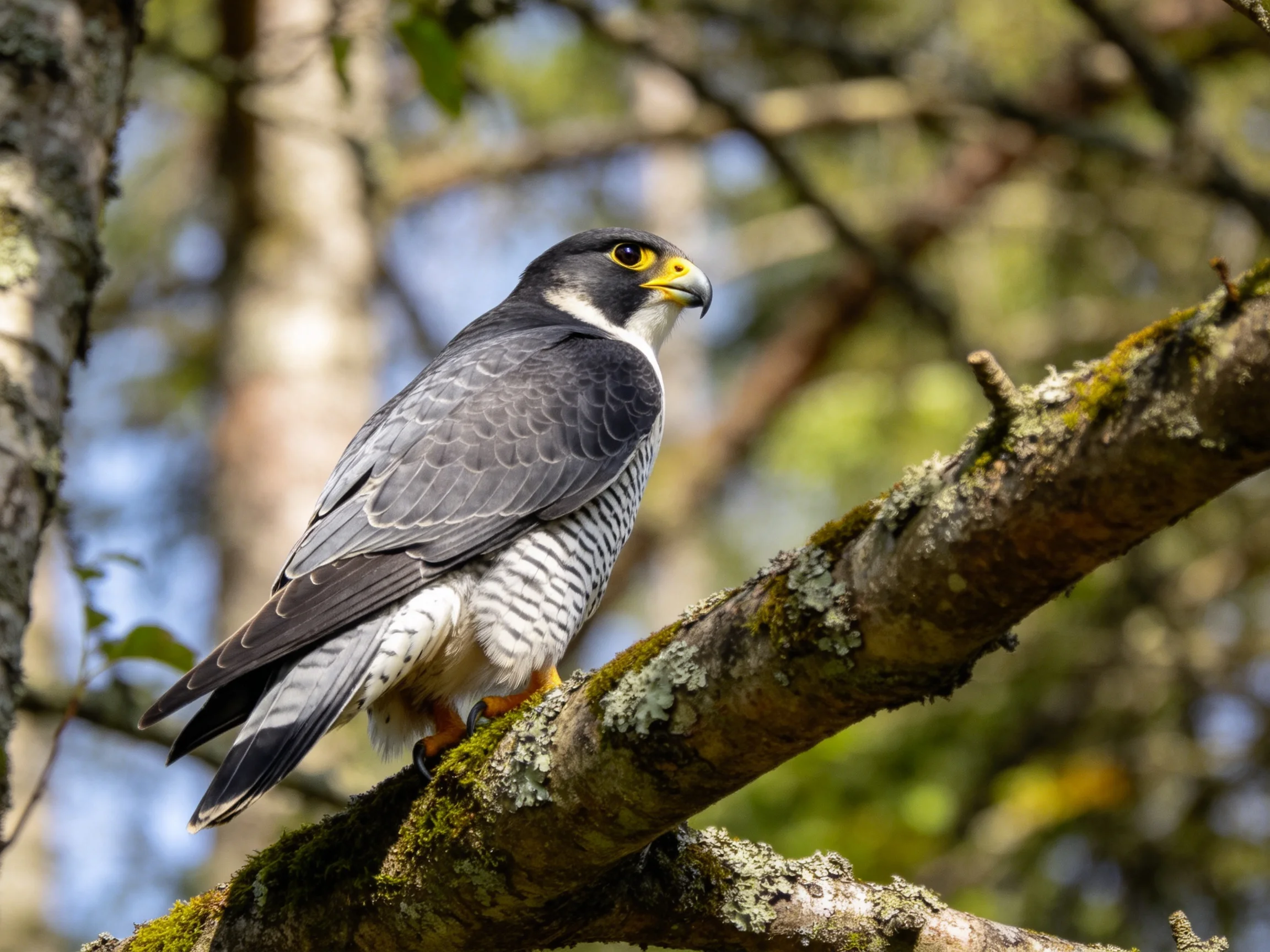 A gray and white falcon perches on a lichen-draped branch