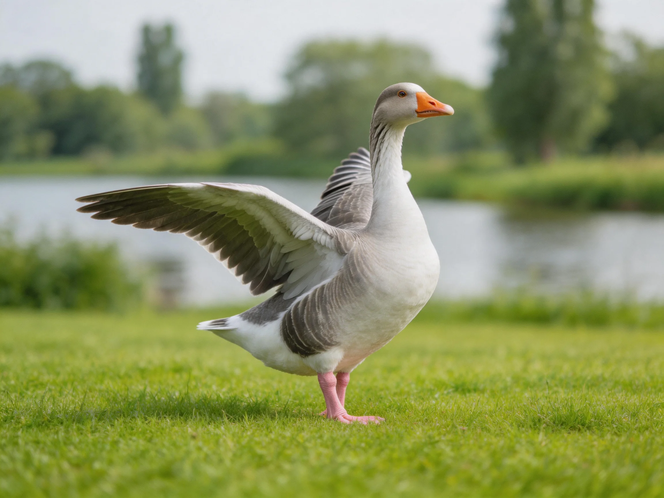 A gray and white goose spreading wings on lush green grass