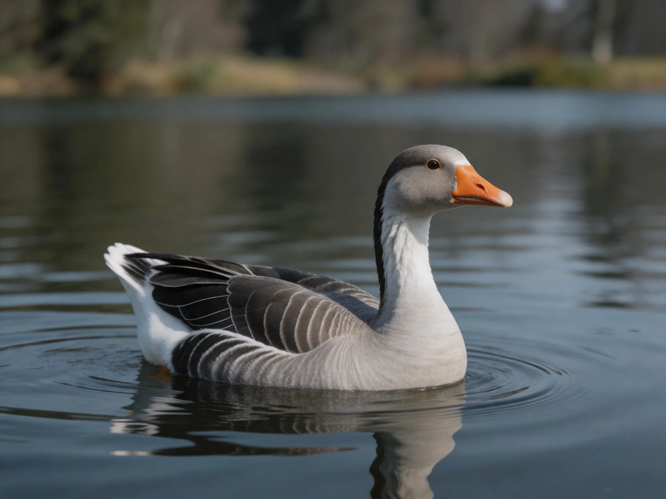 A gray and white goose swims in calm blue water