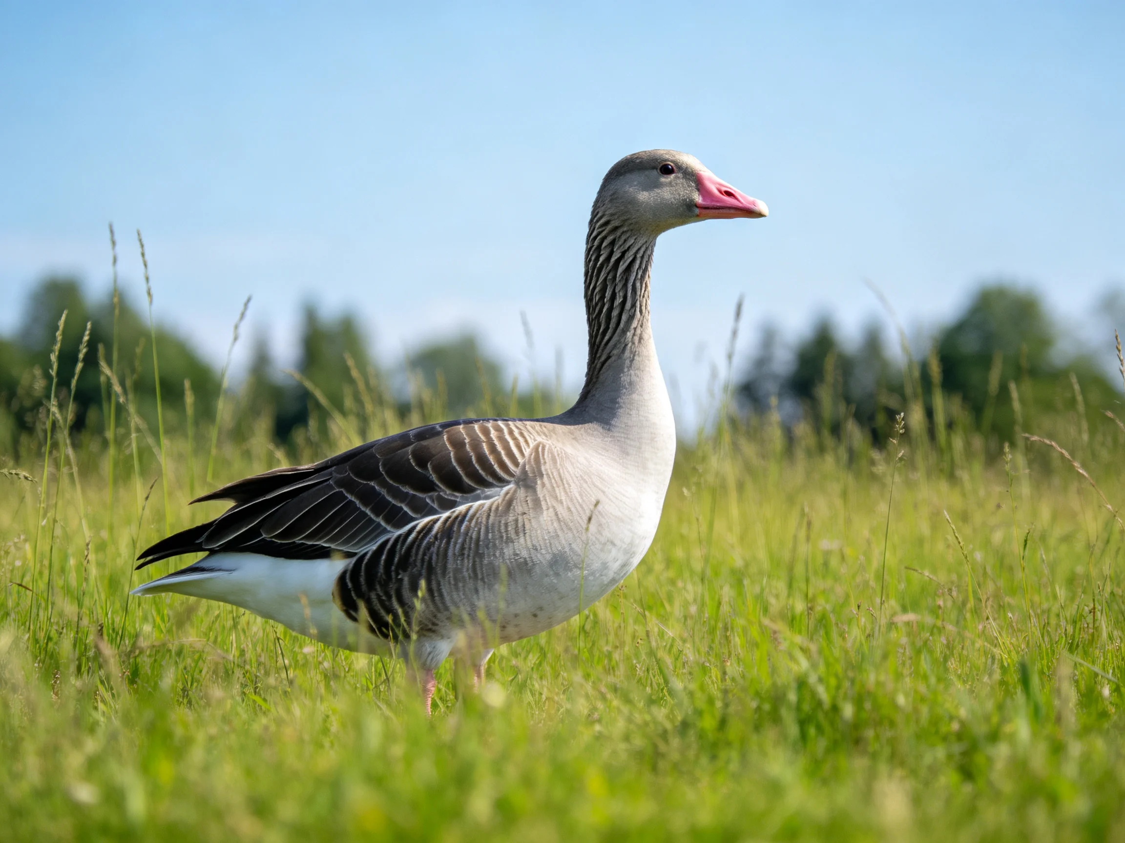 A gray and white goose with a pink beak stands in tall green grass