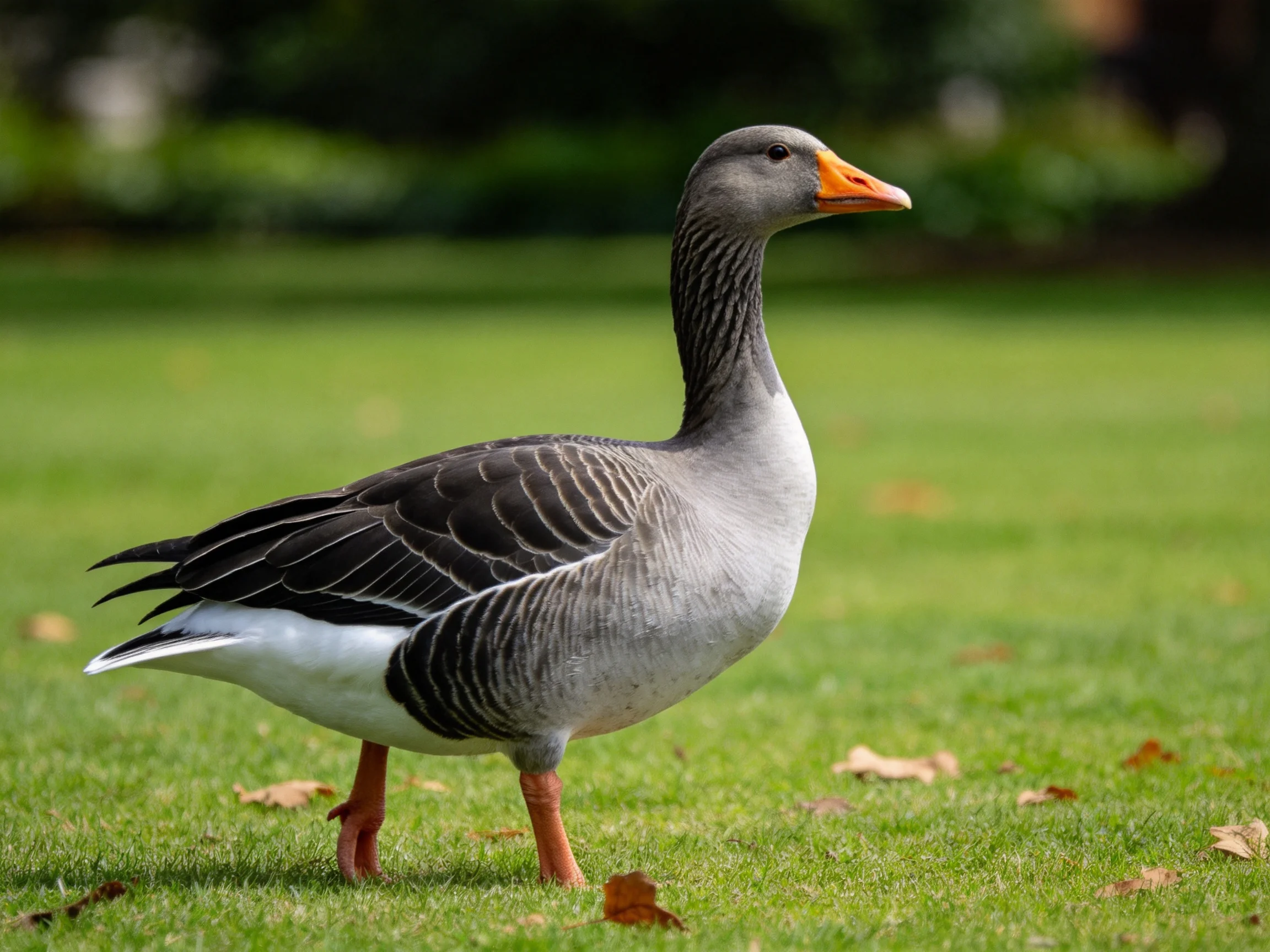 A gray and white goose with an orange beak on green grass