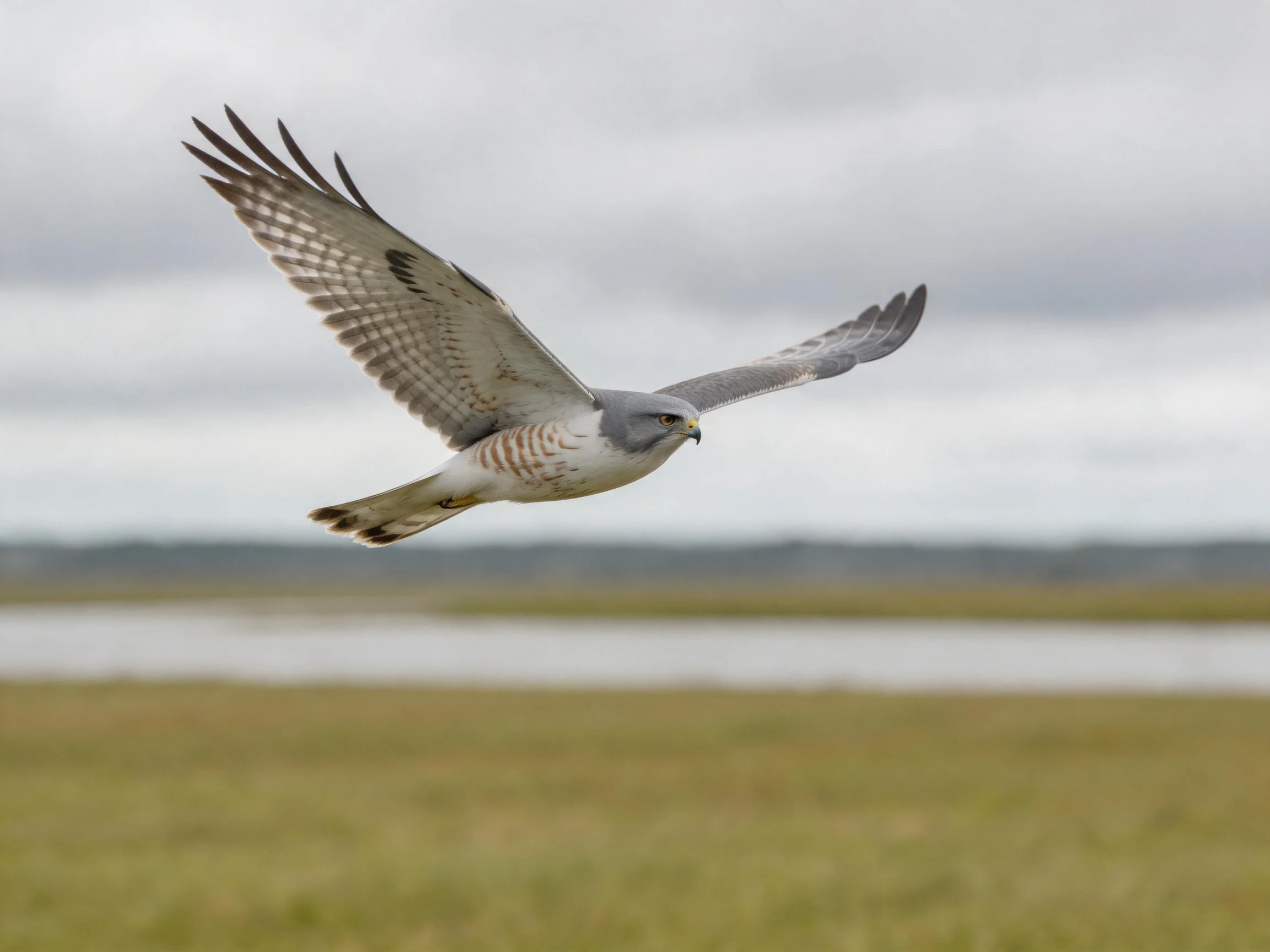 A gray and white hawk soars over a marshy landscape with open fields