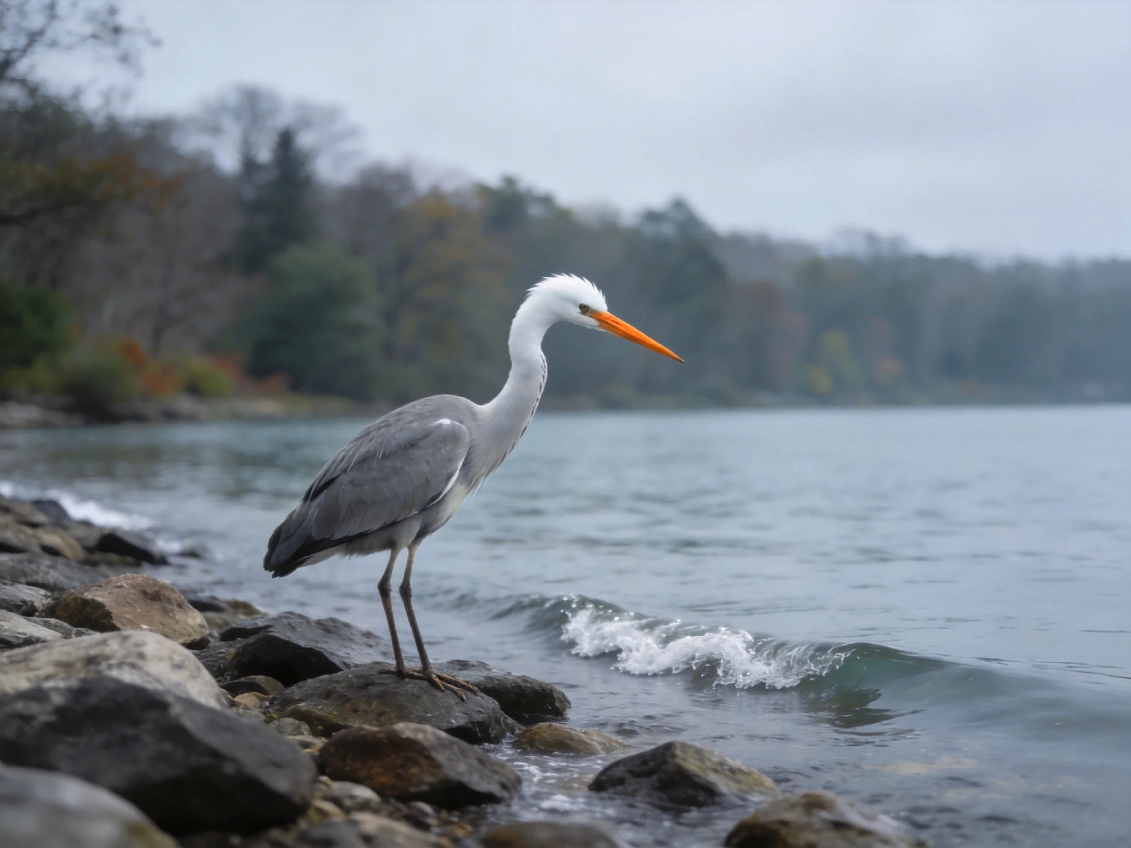 A gray and white heron stands on rocky shore near calm waters