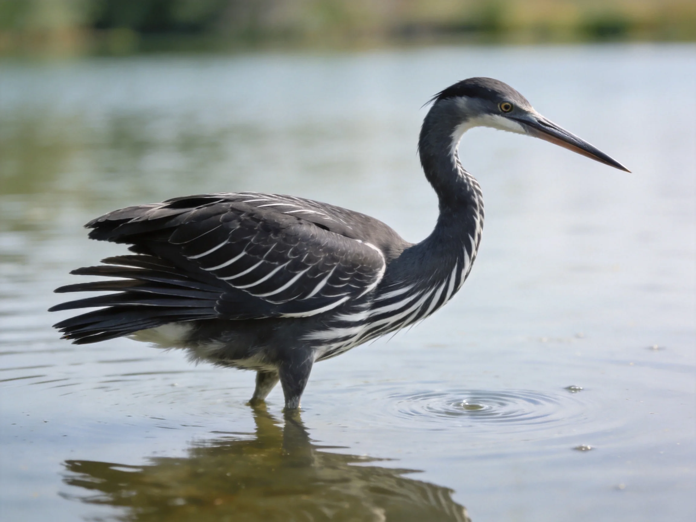 A gray and white heron wades in calm, shallow water