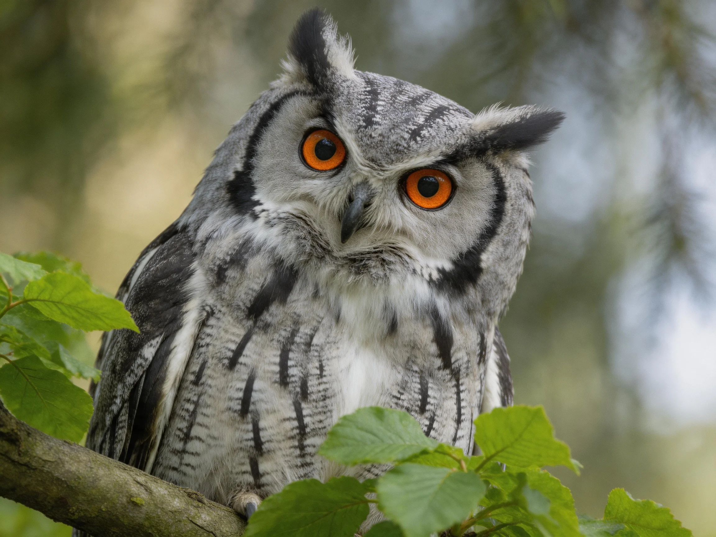 A gray and white owl with vivid orange eyes perched on a branch