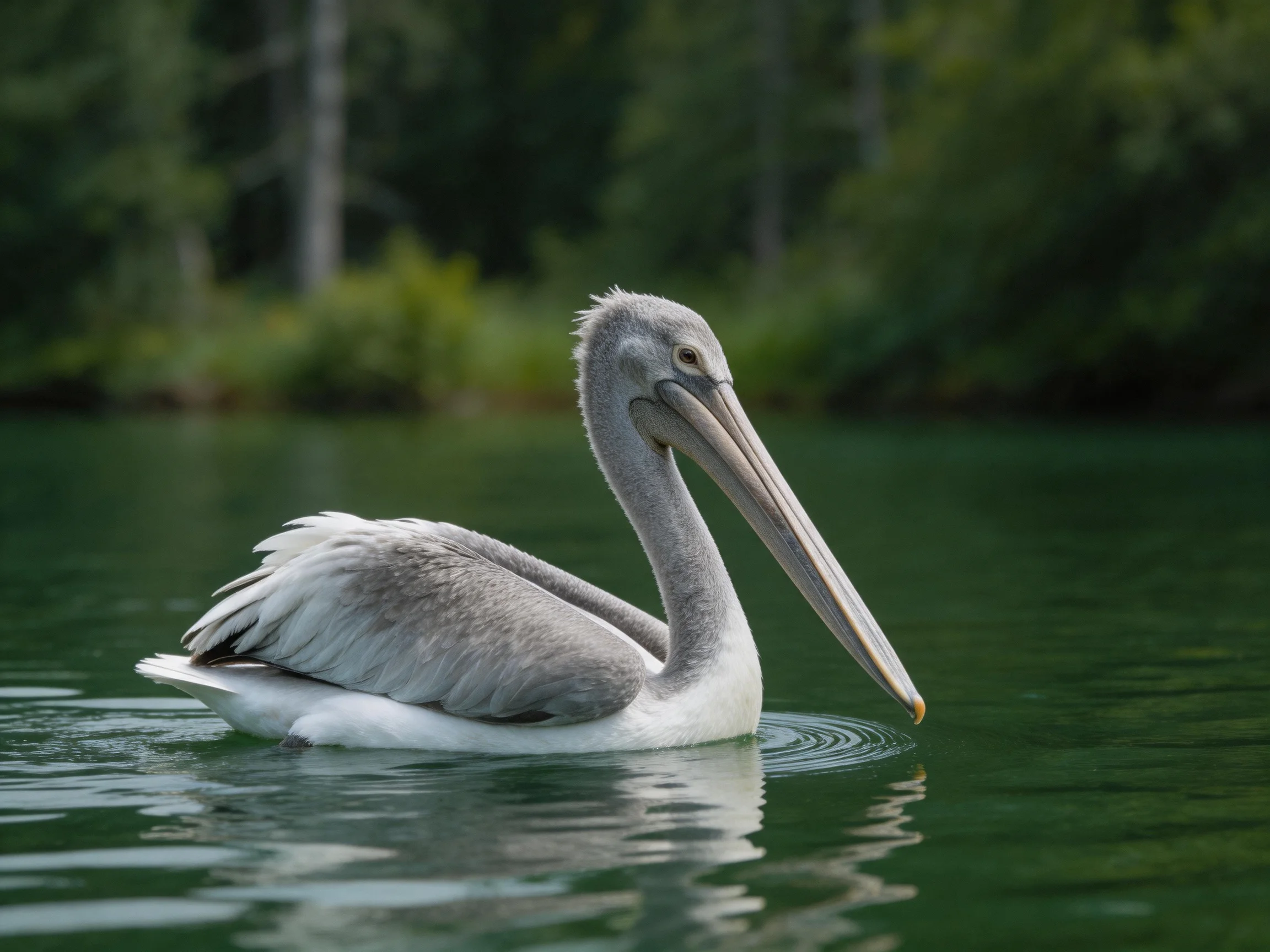 A gray and white pelican swims in calm green water
