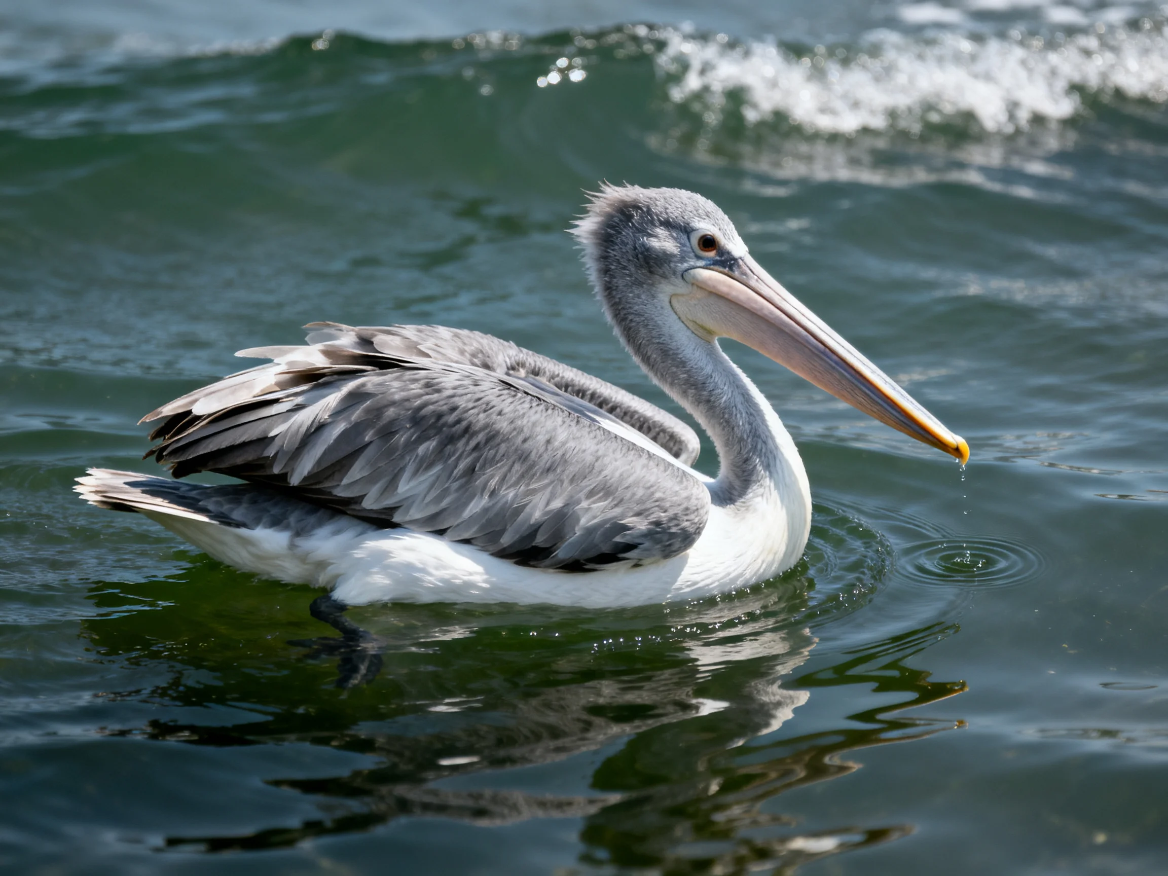 A gray and white pelican swims in dark green ocean waters