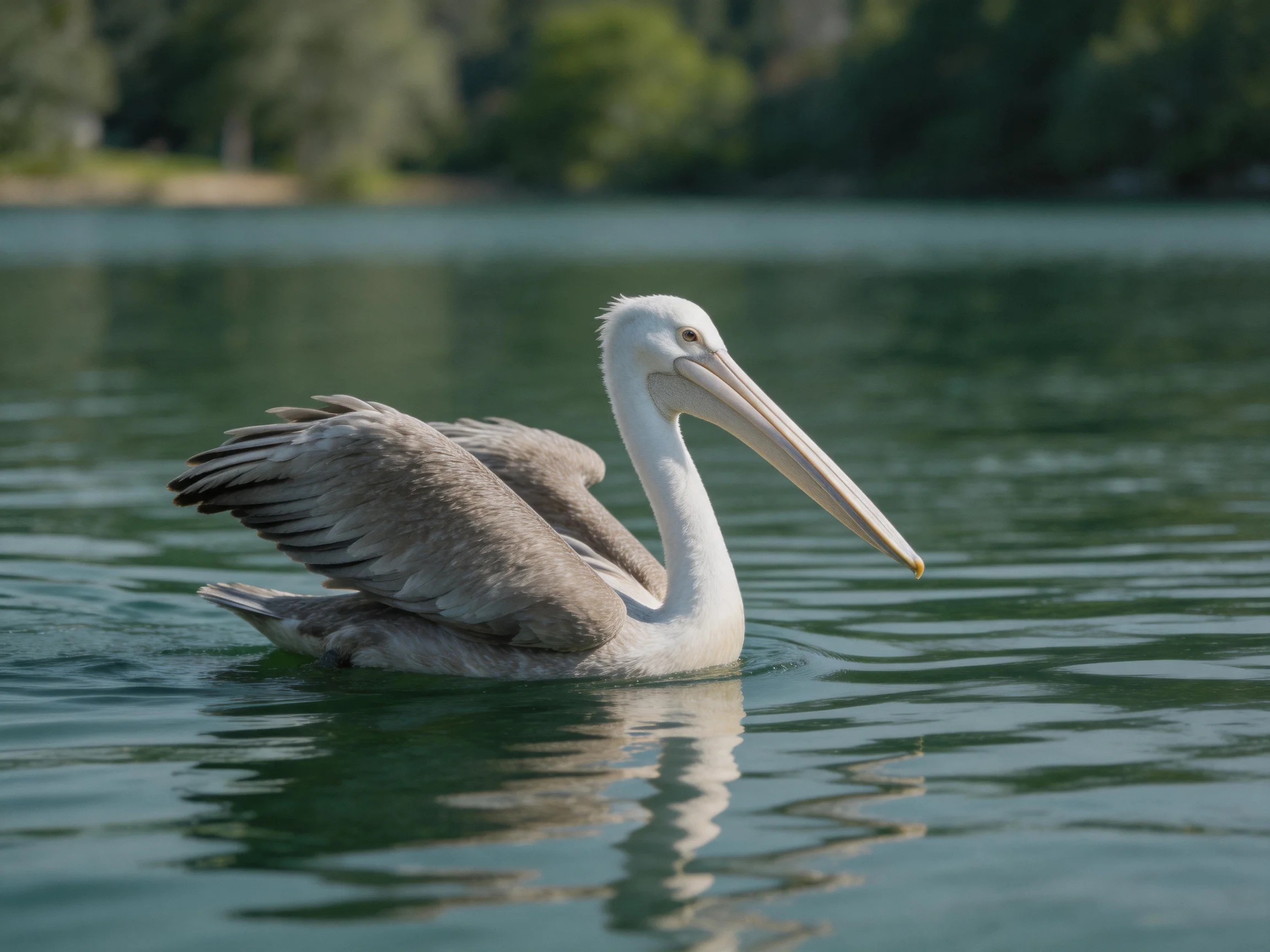 A gray and white pelican swims on calm lake waters