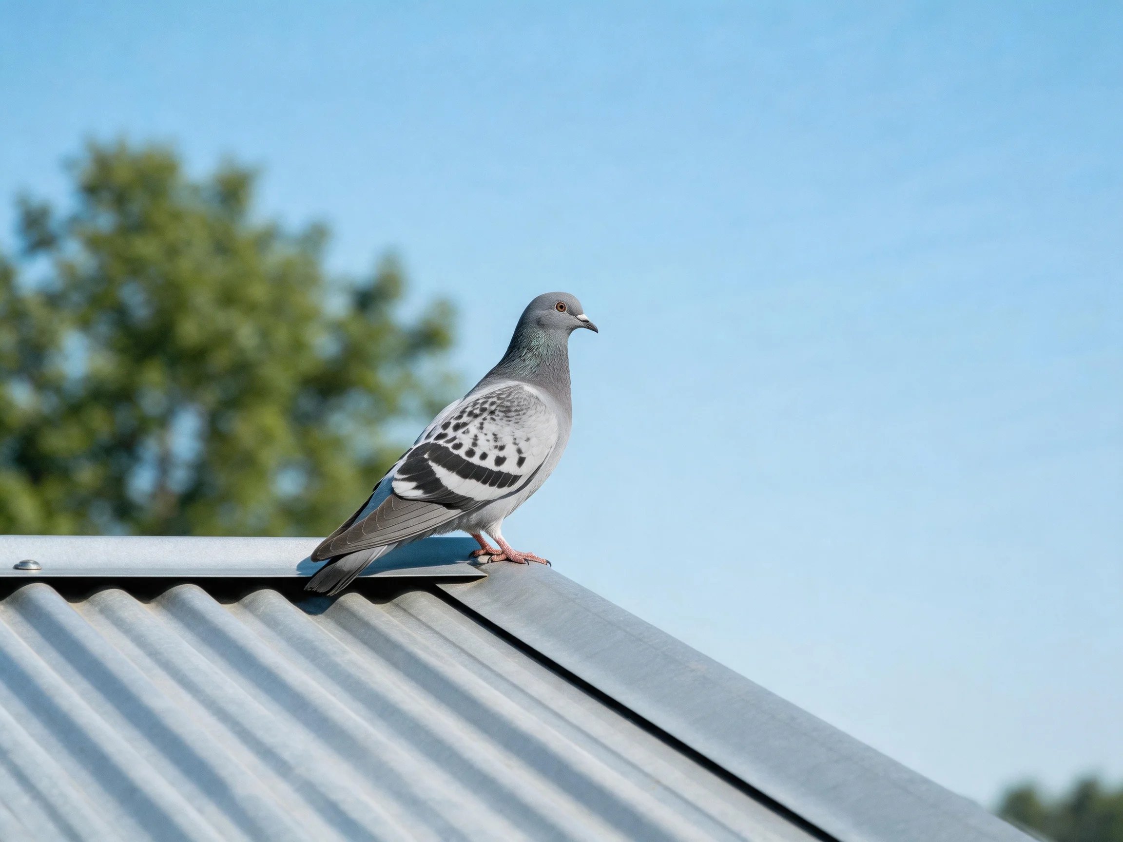 A gray and white pigeon perches on a corrugated metal roof under a clear blue sky.