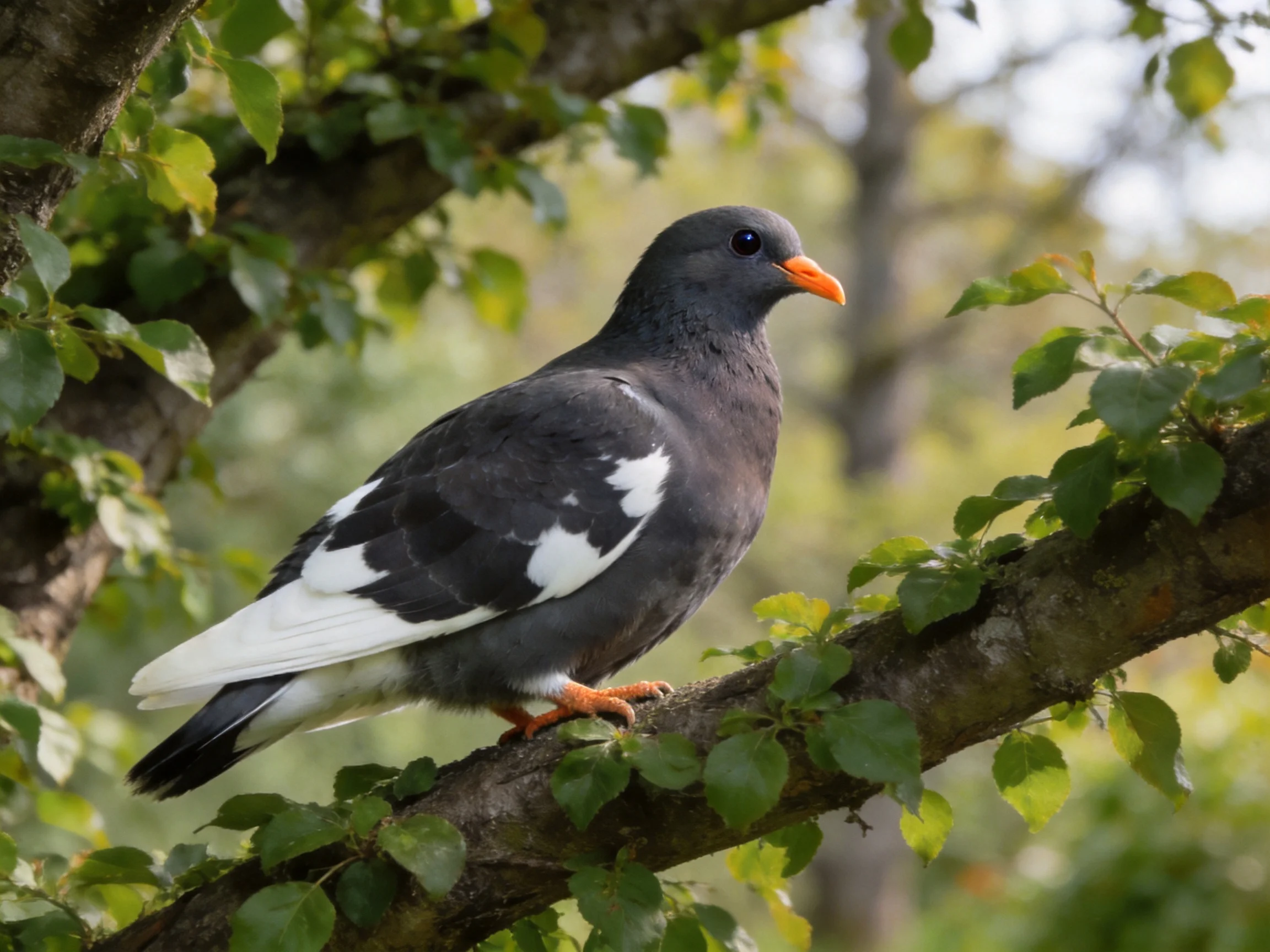 A gray and white pigeon perches on a leaf-laden tree branch