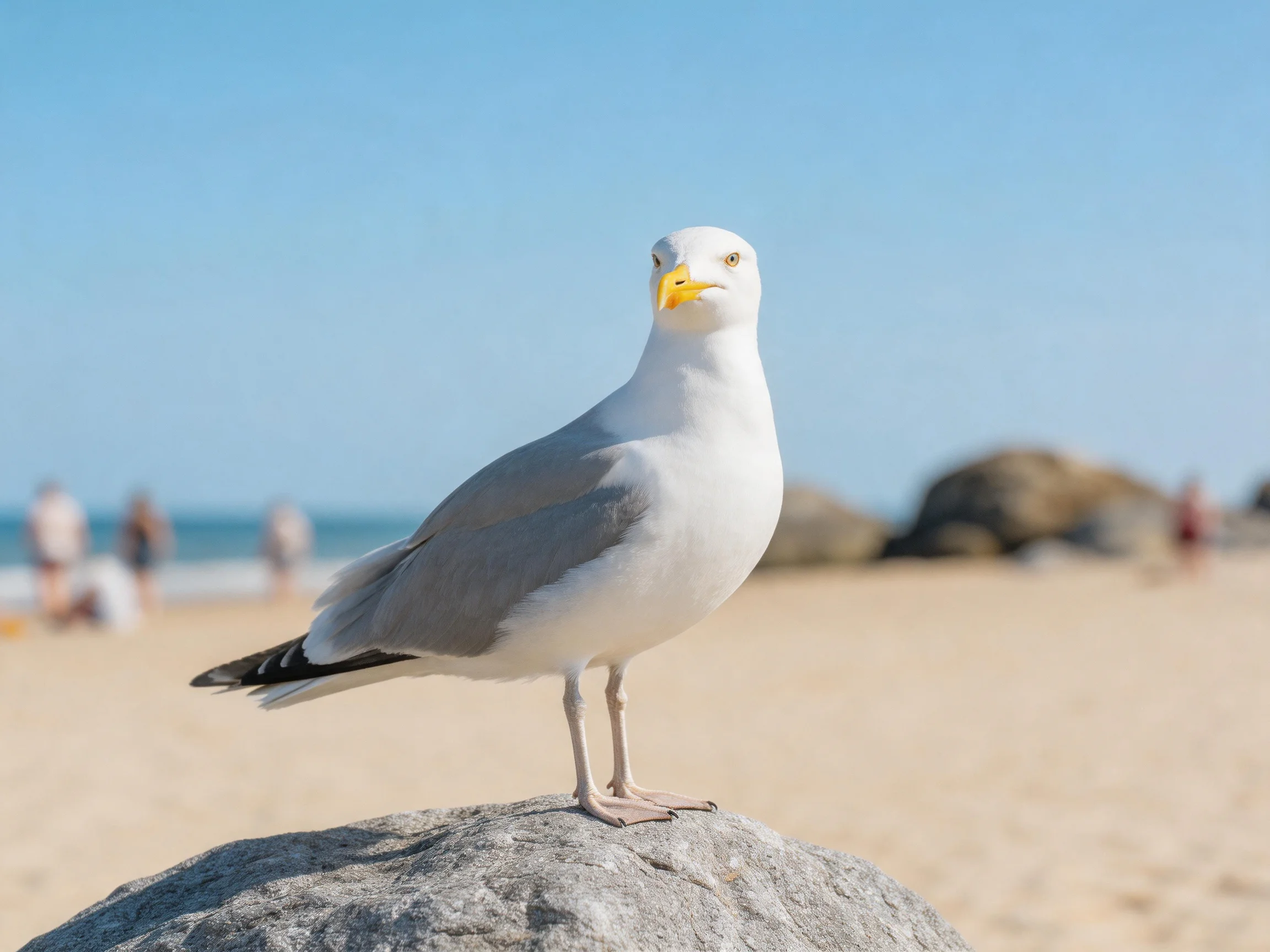 A gray and white seagull perched on a sandy beach rock near the ocean