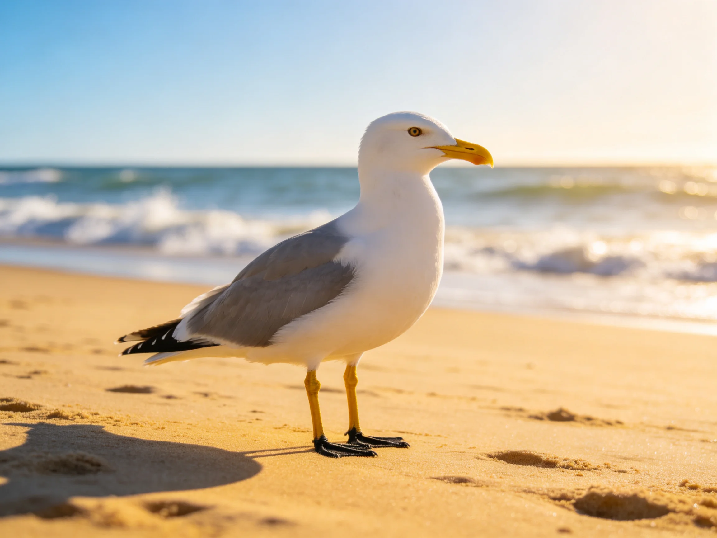 A seagull stands on a sandy beach with ocean waves in the background.