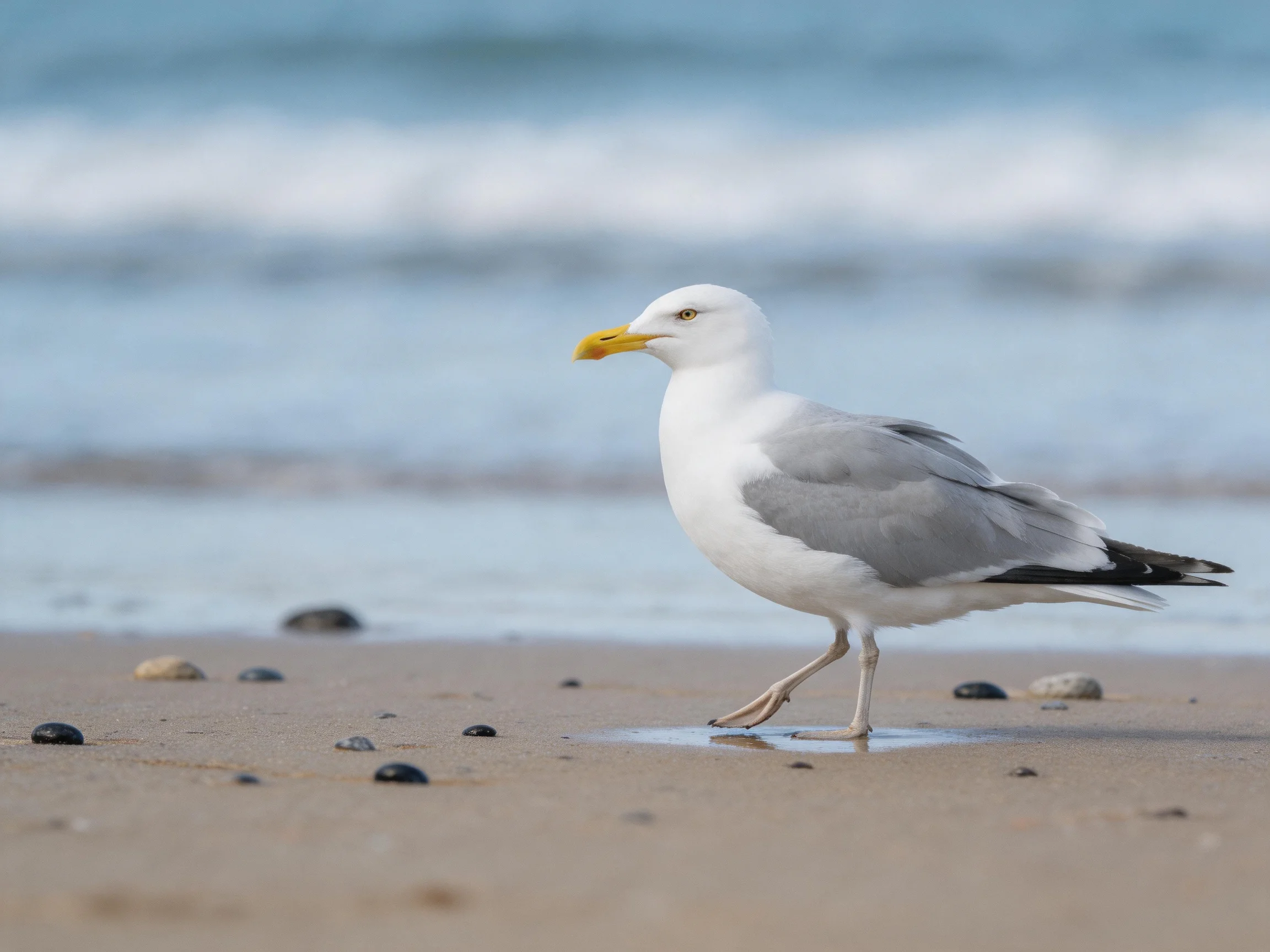 A gray and white seagull walks along a sandy shore with scattered pebbles