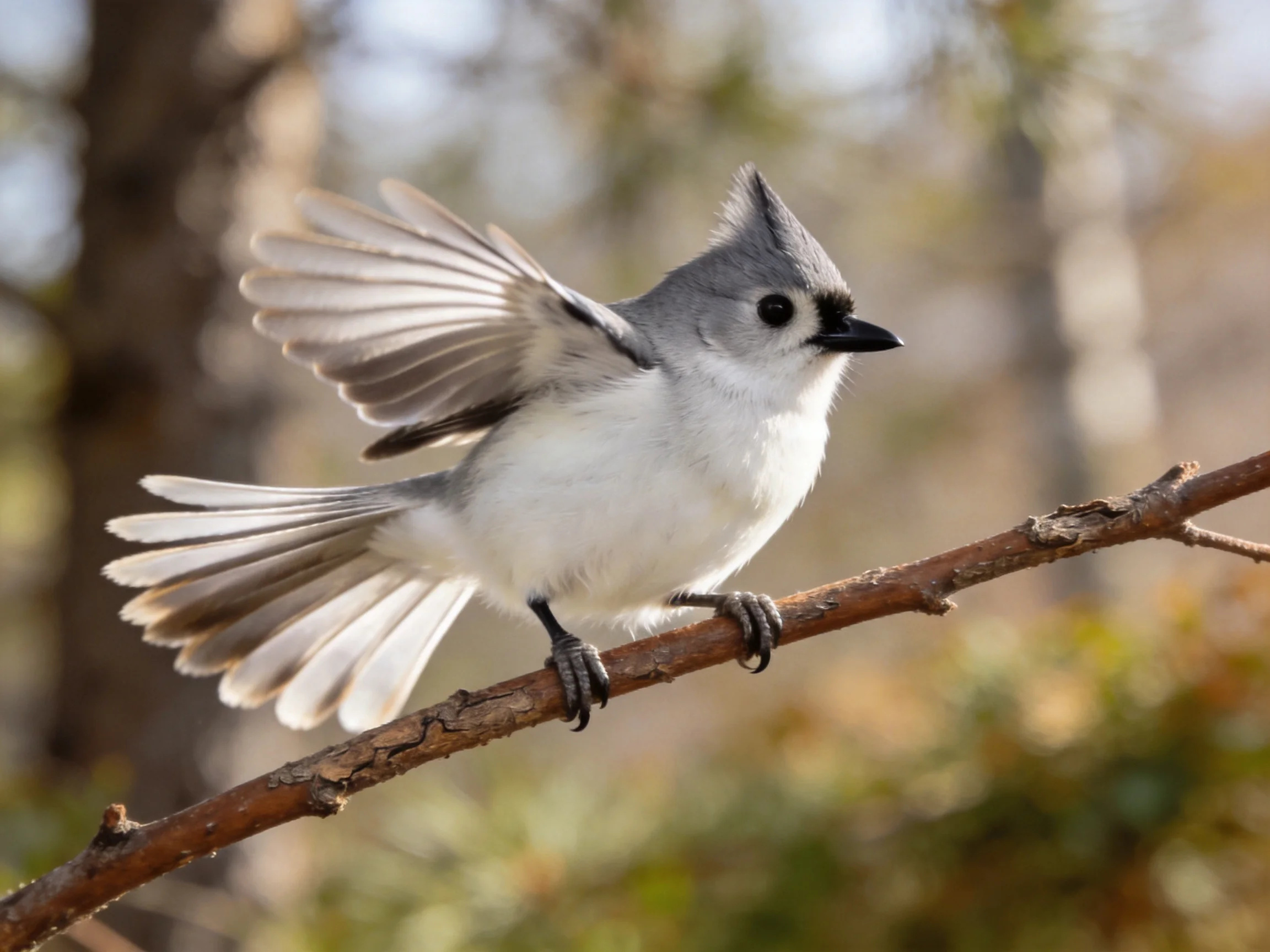 A gray and white titmouse spreading wings on a brown branch