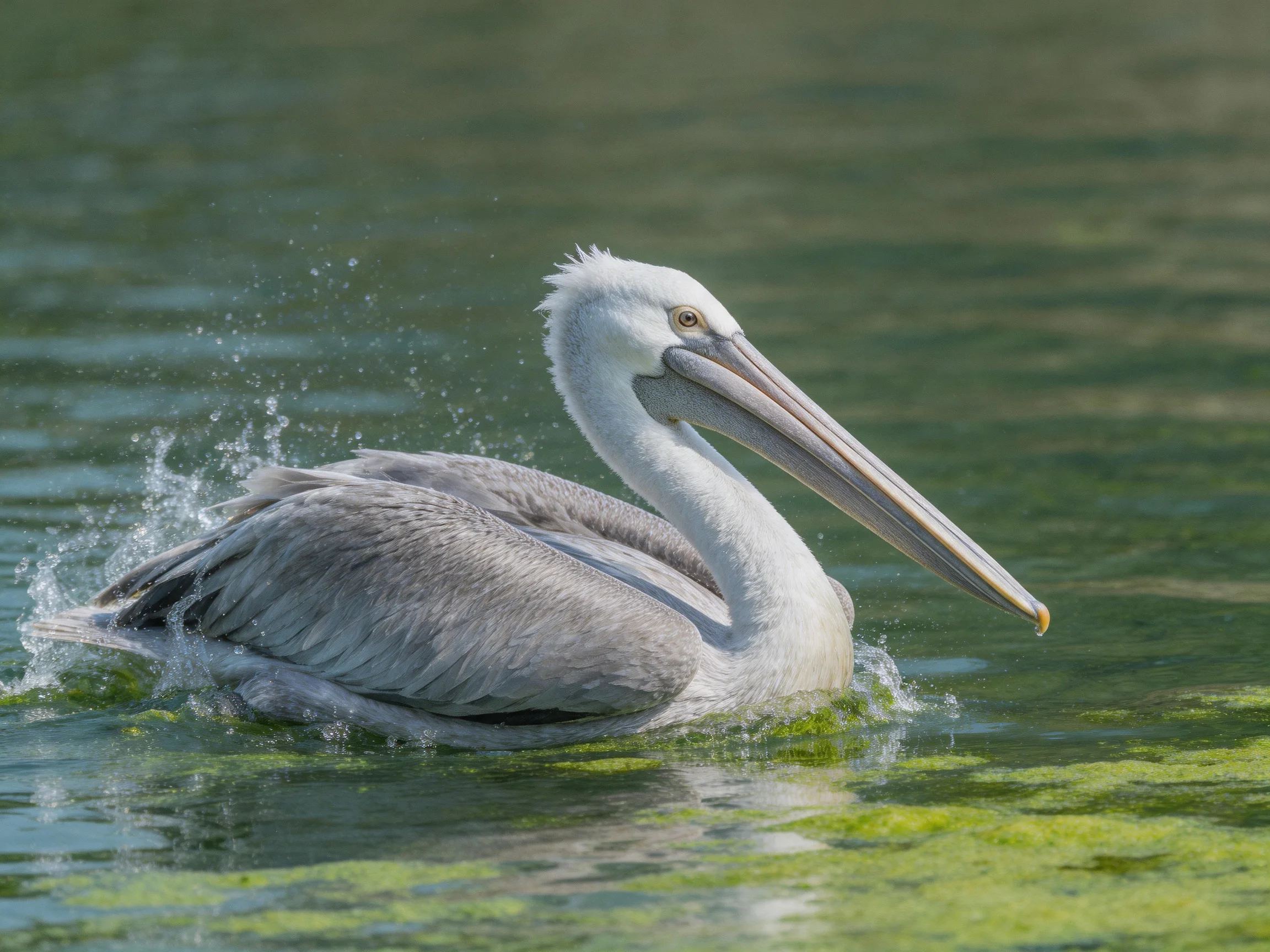 A gray andwhite pelican swimming in greenish water