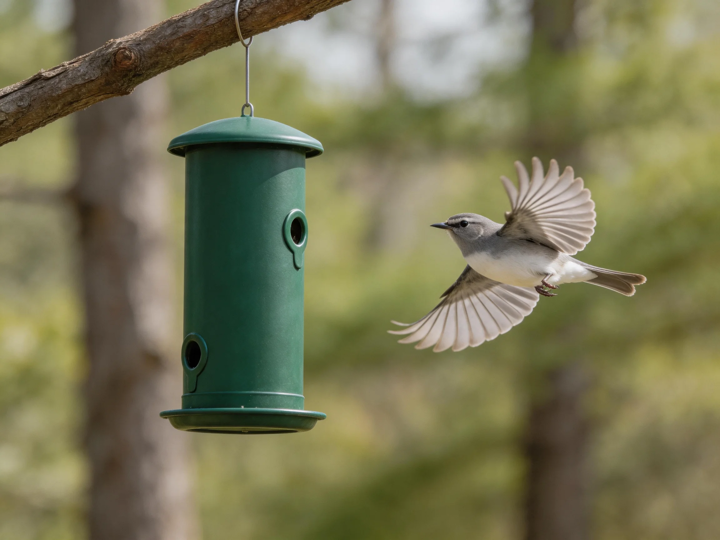 A gray bird flies toward a green bird feeder on a tree branch