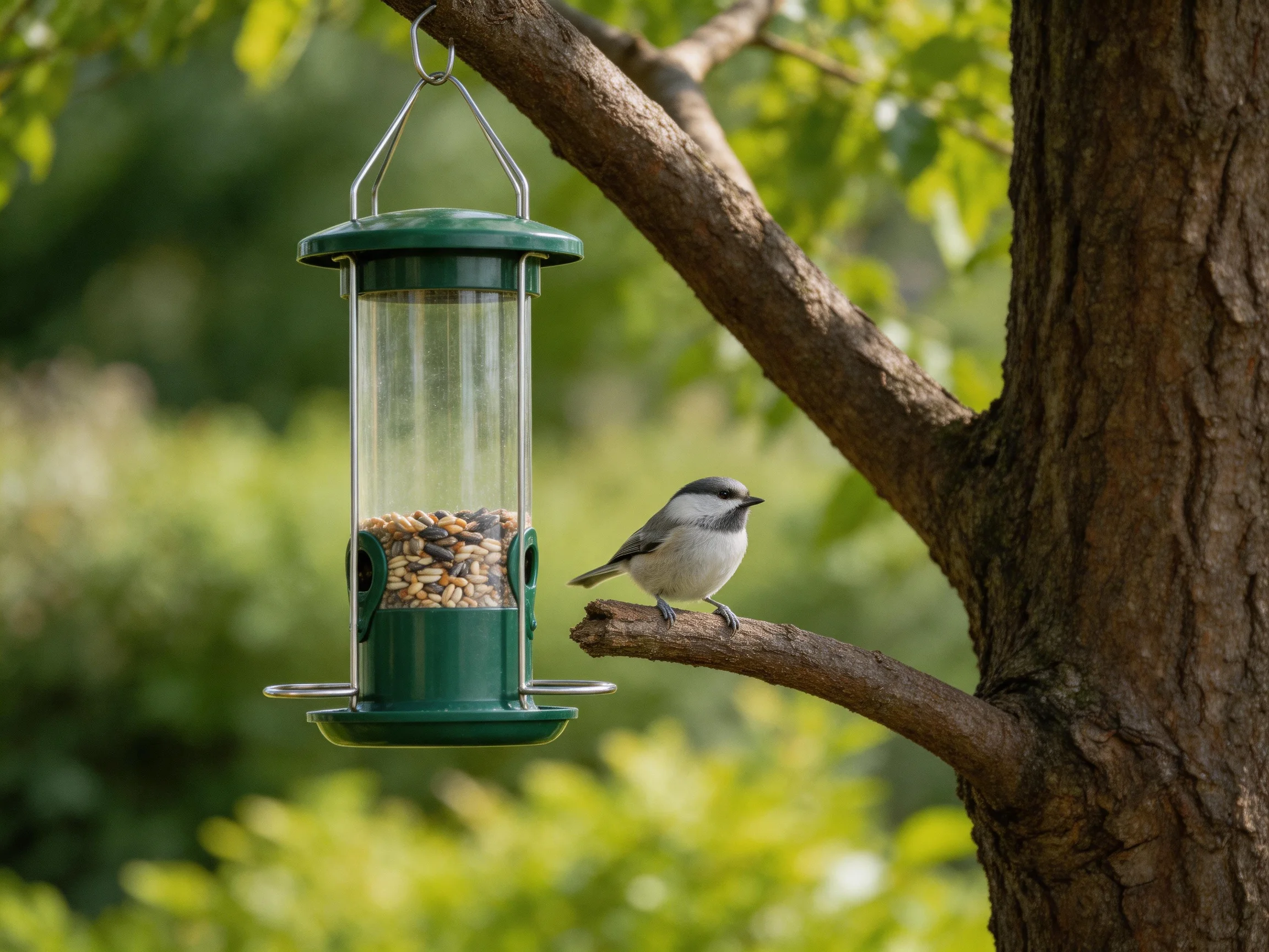 A gray bird perches beside a green cylindrical bird feeder on a brown tree branch
