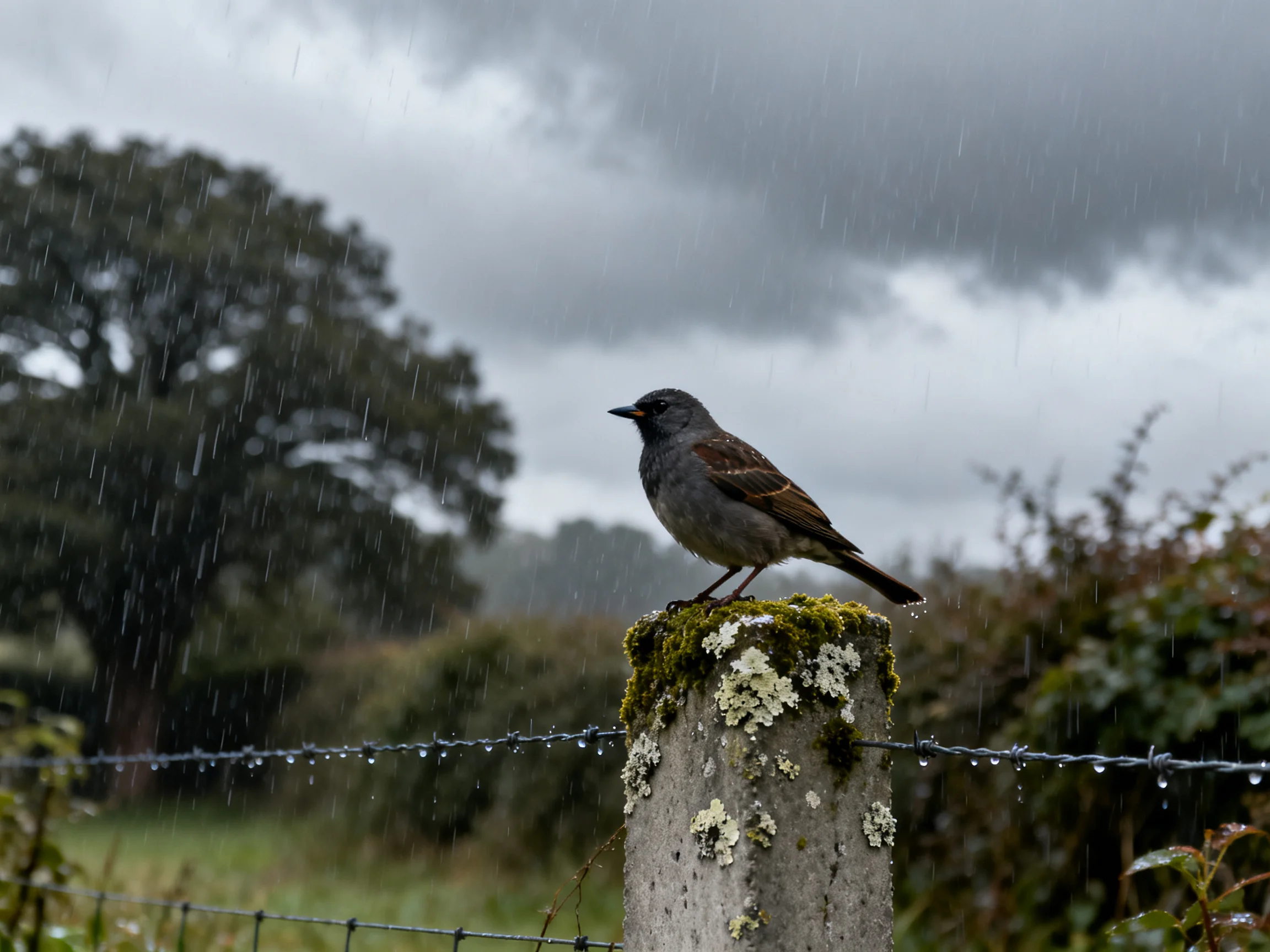 A gray bird perches on a mossy fence post in heavy rain