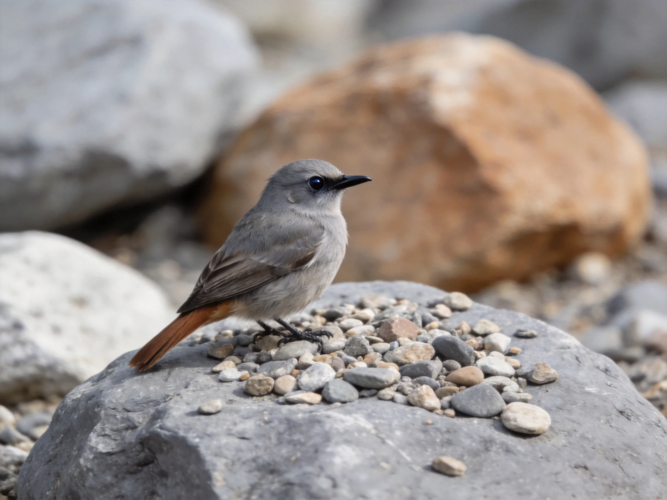 A gray bird perches on a rock with scattered pebbles among large stones