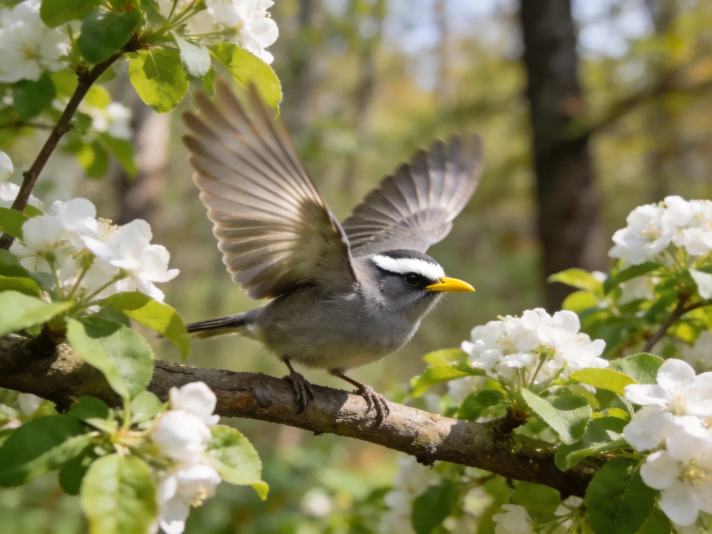 A gray bird with a white stripe flies near white blossoms on a branch