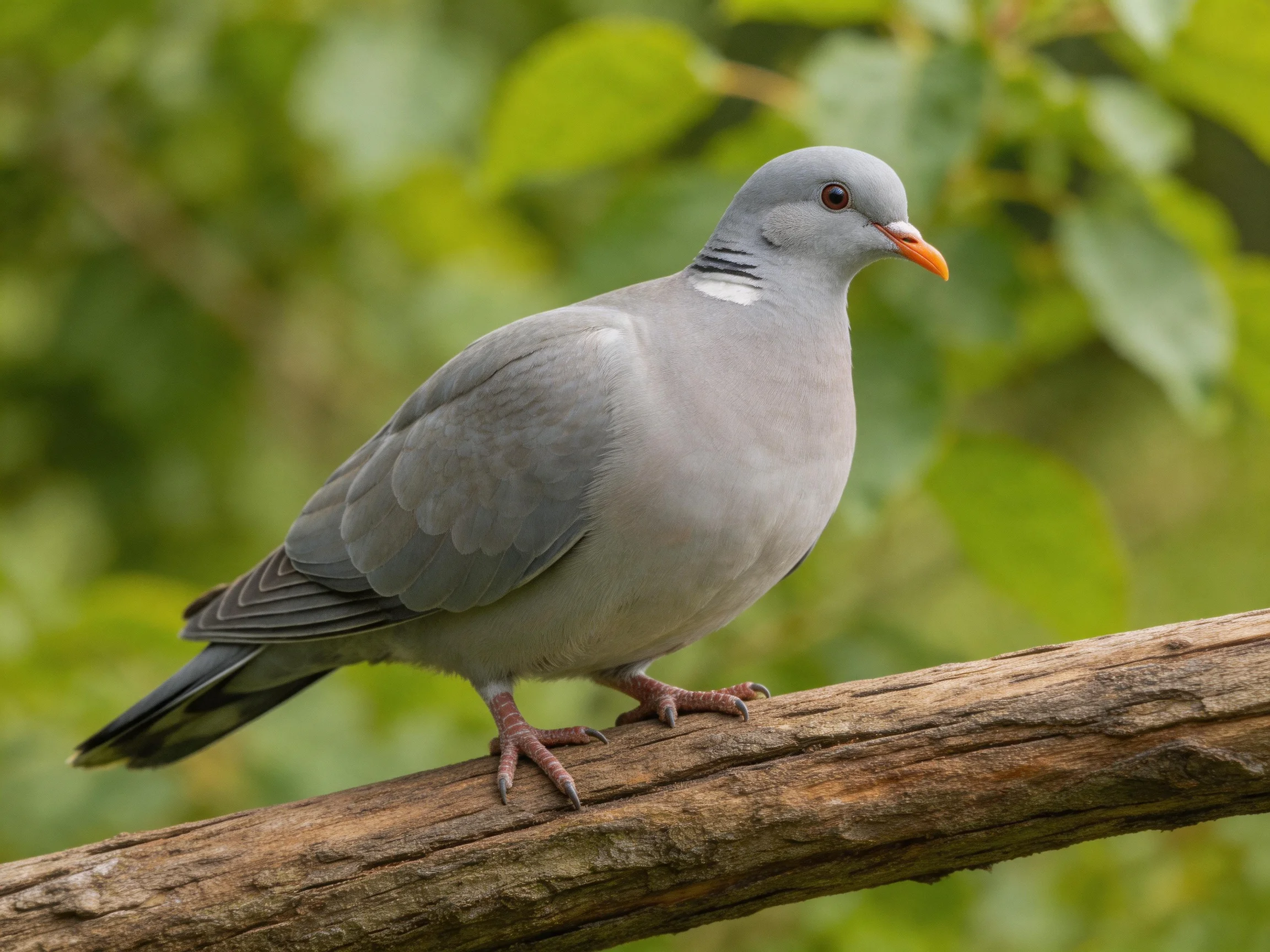 A gray bird with an orange beak perched on a brown wooden branch
