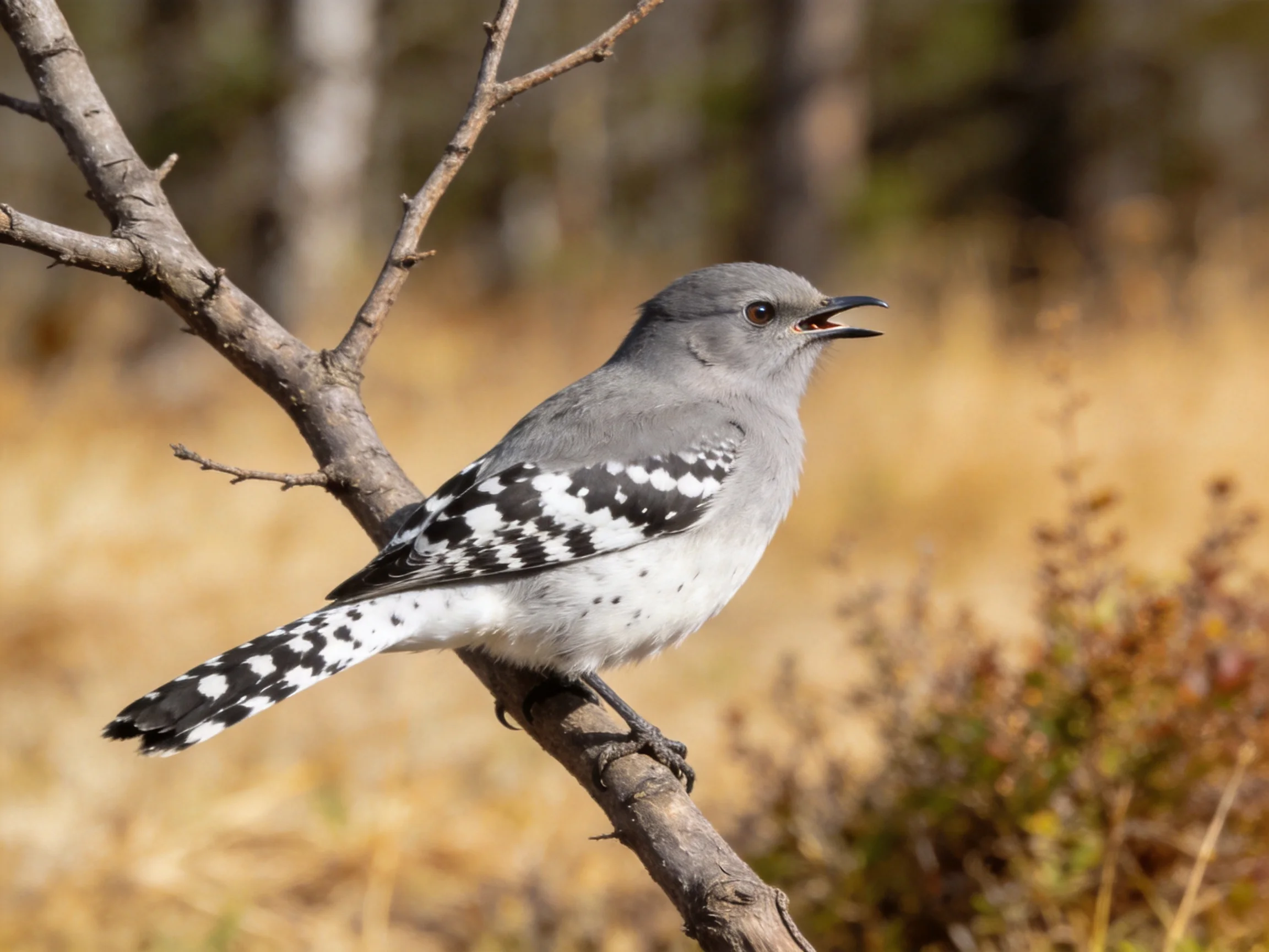 A gray bird with black-and-white patterned wings perched on a branch