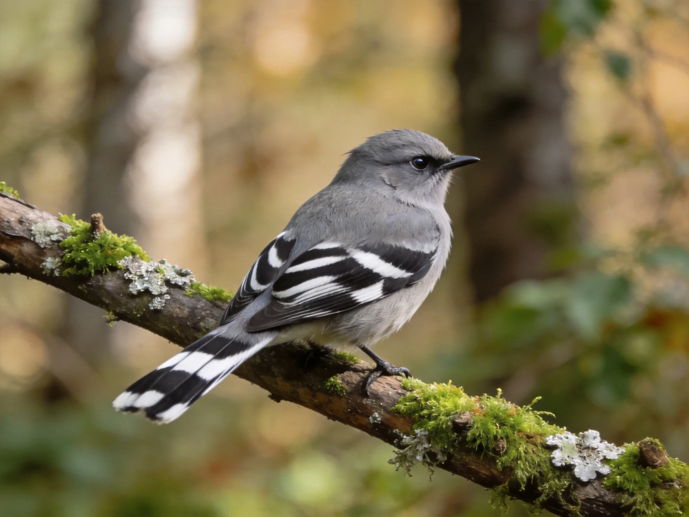 A gray bird with black-and-white striped wings perches on a moss-covered branch
