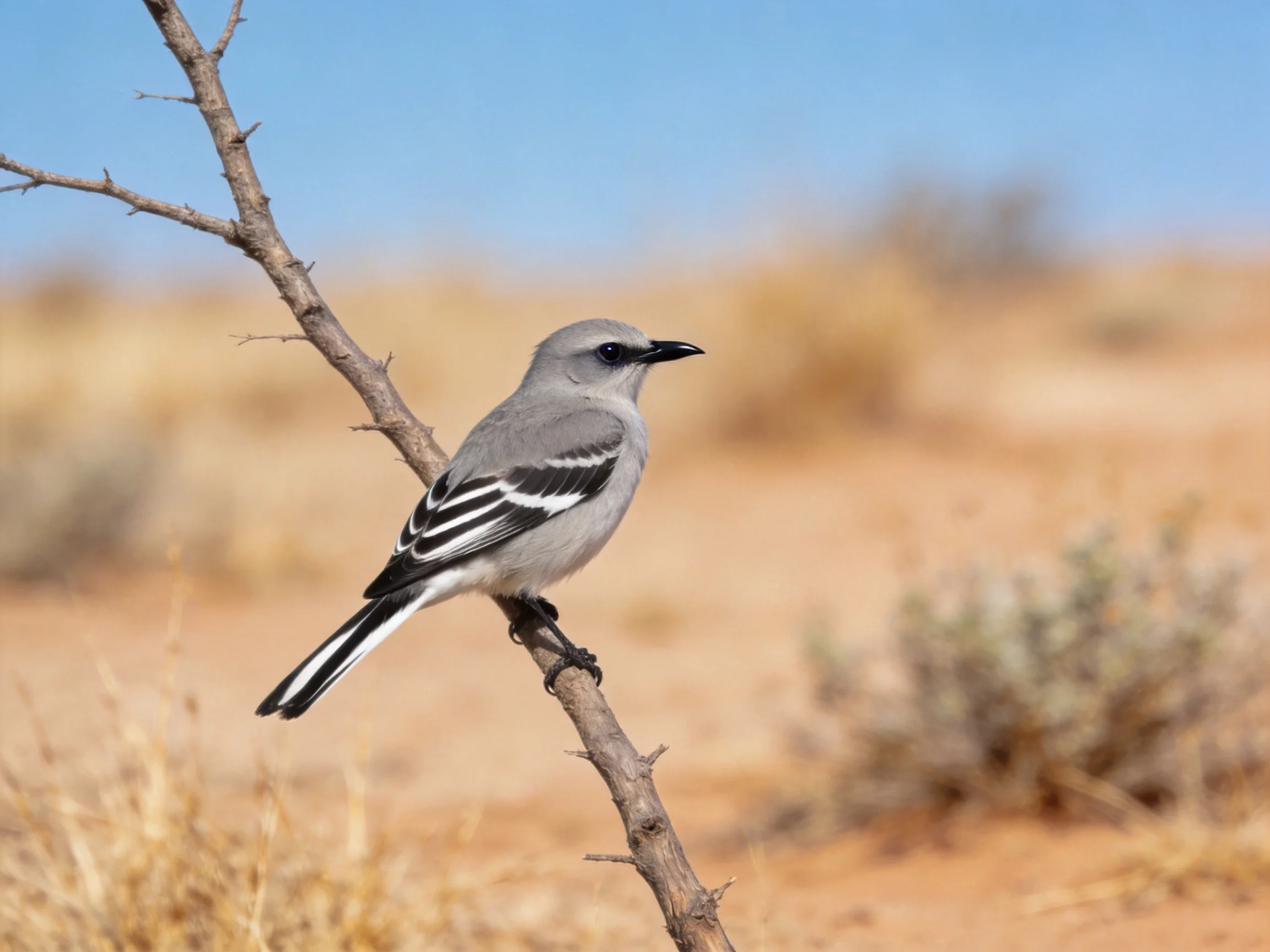 A gray bird with black and white wings perched on a dry branch