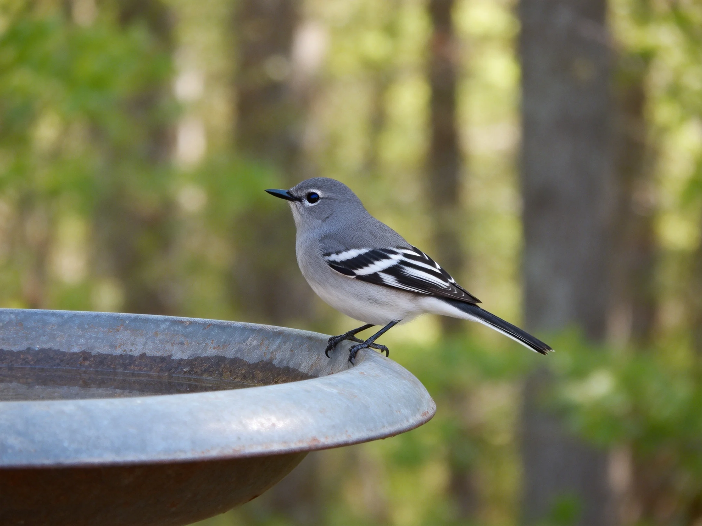A gray bird with black-and-white wings sits atop a metal birdbath in a wooded area.