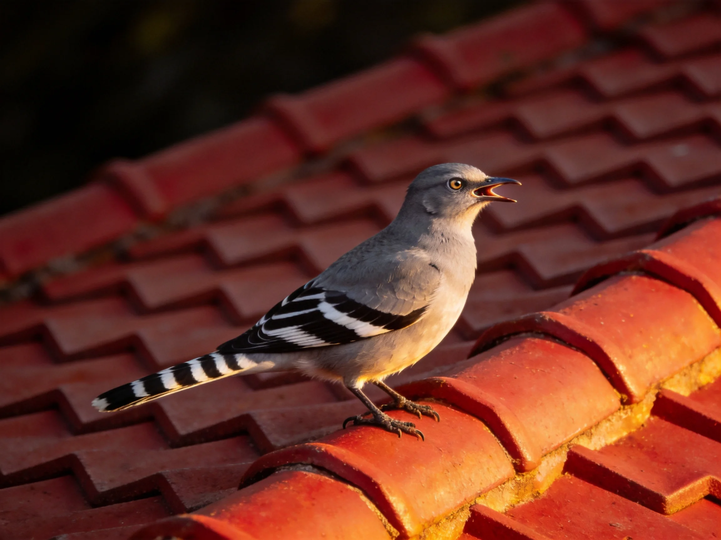 A gray bird with dark markings perches on a red-tiled roof.