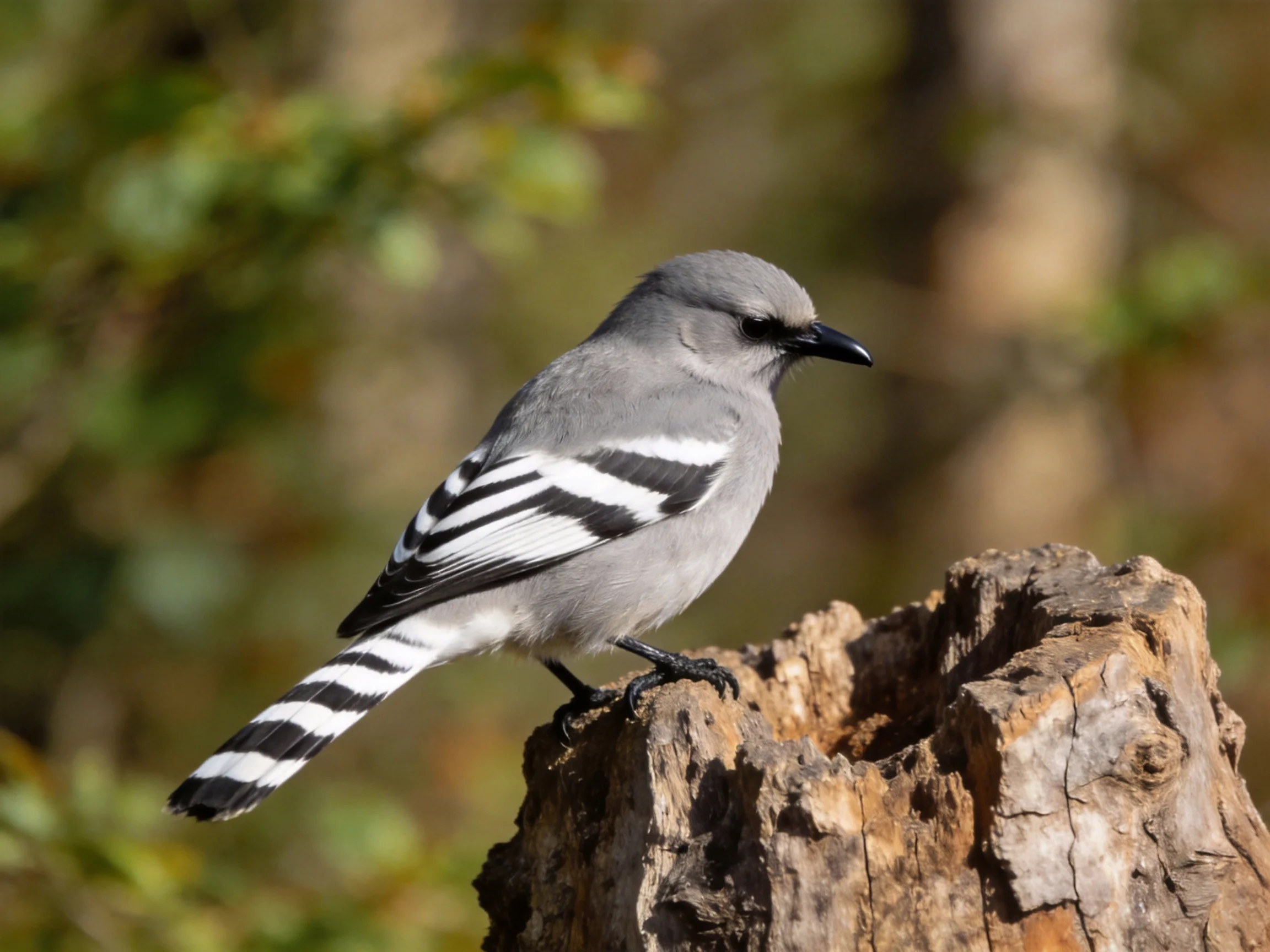 A gray bird with black - white striped wings perched on a weathered tree stump